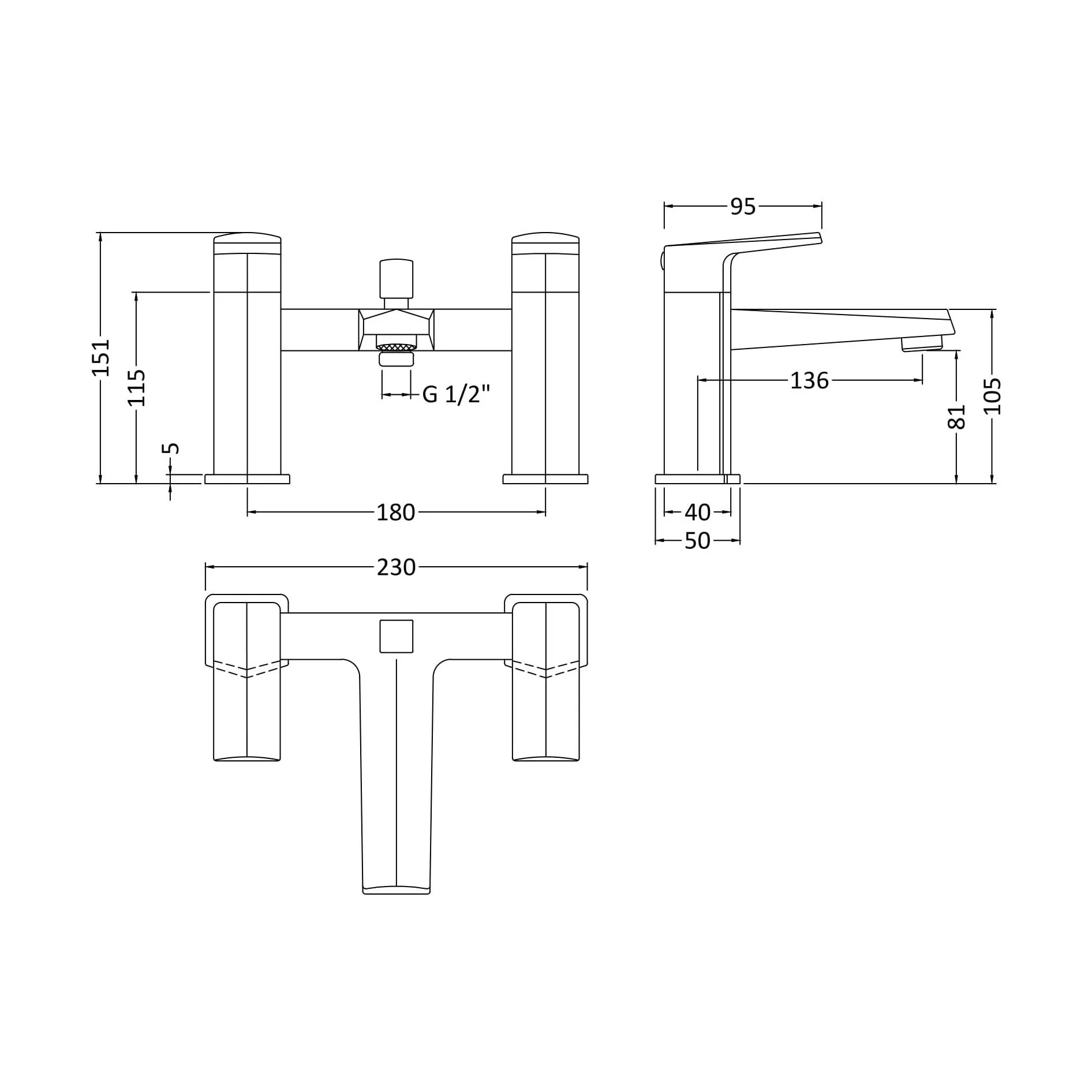 Balterley Deck Mounted Square Bath Shower Mixer Tap with Kit, Dual Lever Waterfall Spout - Chrome Finish - Image 2