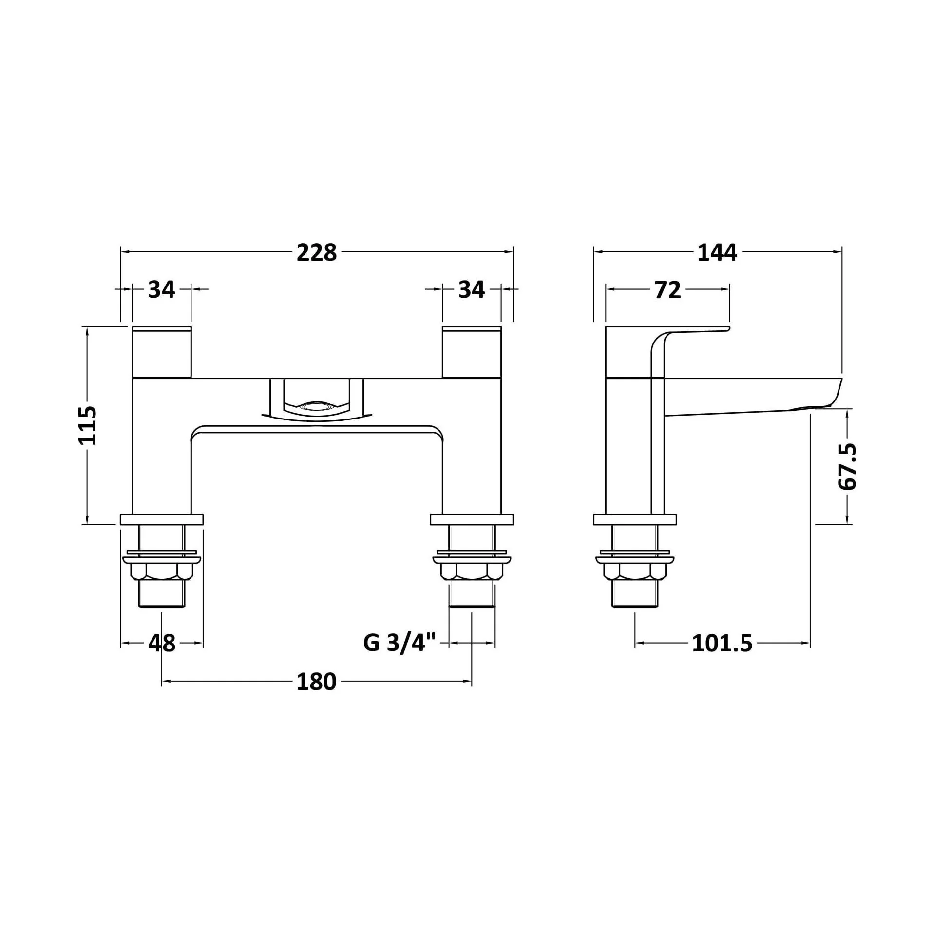 Balterley Contemporary Soft Square Dual Lever Deck Mounted Bath Filler Tap with 1/4 Turn Ceramic Disc, 136 x 230 x 147mm, Chrome - Image 2