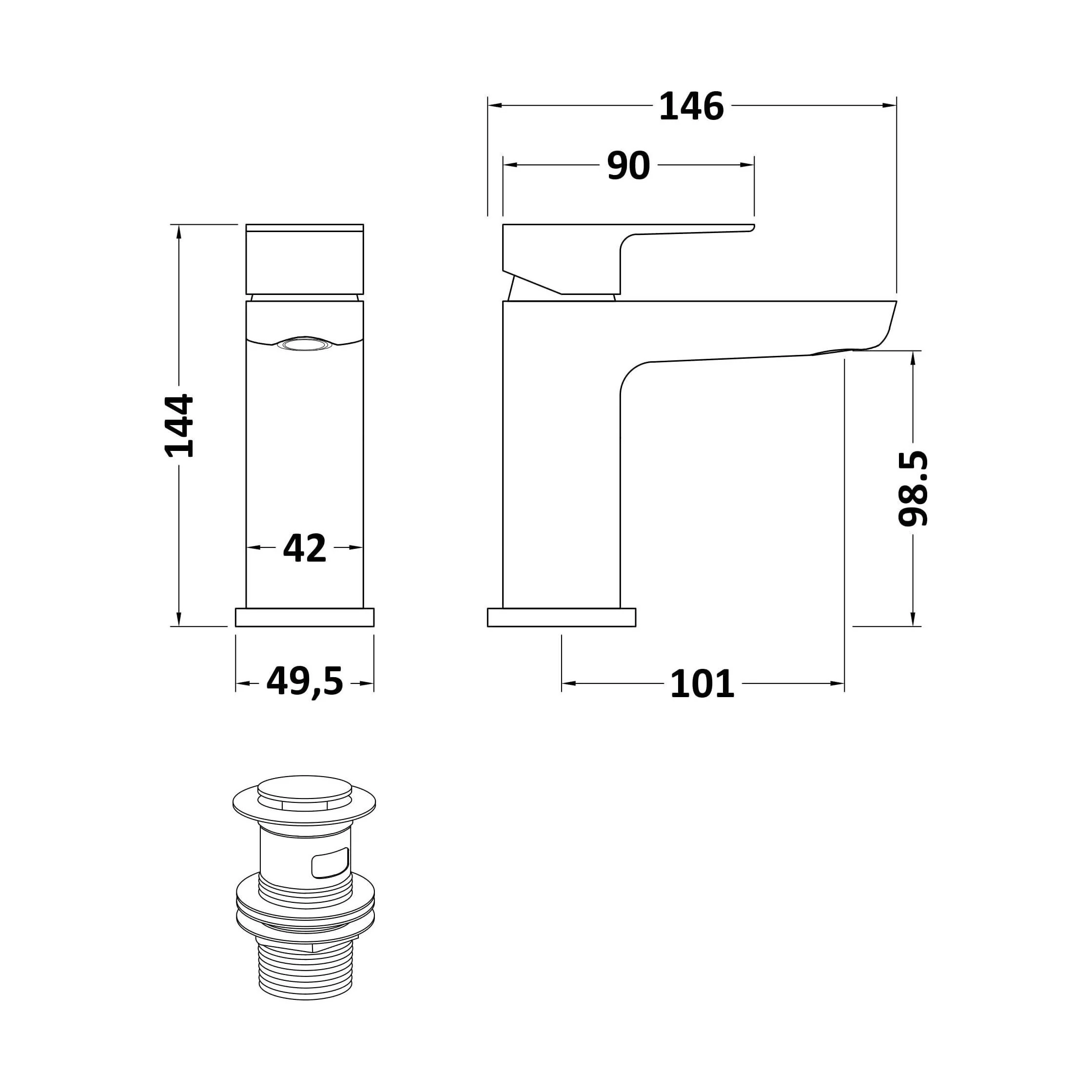 Balterley Contemporary Soft Square Single Lever Deck Mounted Mono Basin Mixer Tap with Push Button Waste, 160 x 50 x 152mm, Chrome - Image 2