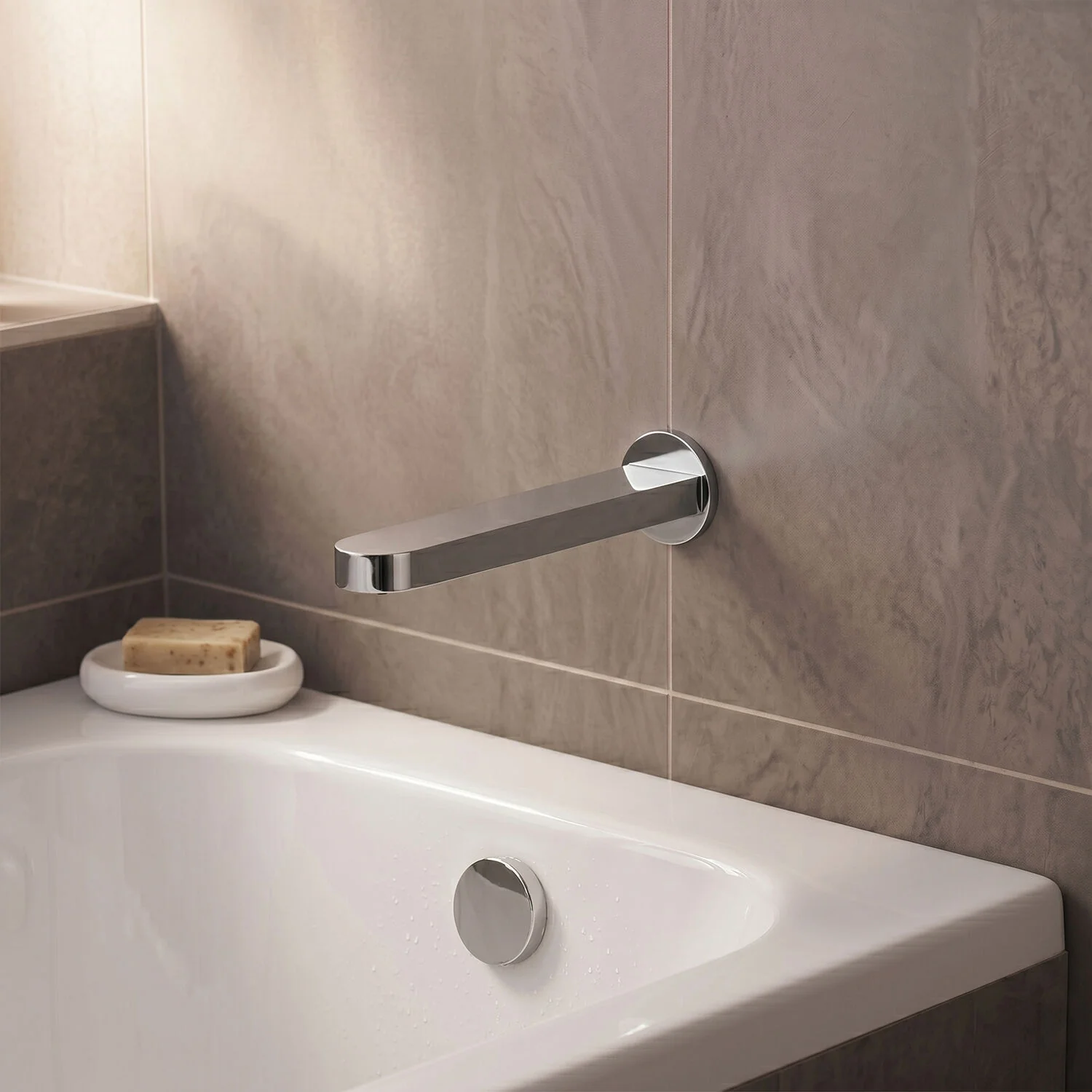 Balterley Current Modern Round Wall Mounted Bath Spout with Smooth Water Flow Design - Polished Chrome Finish