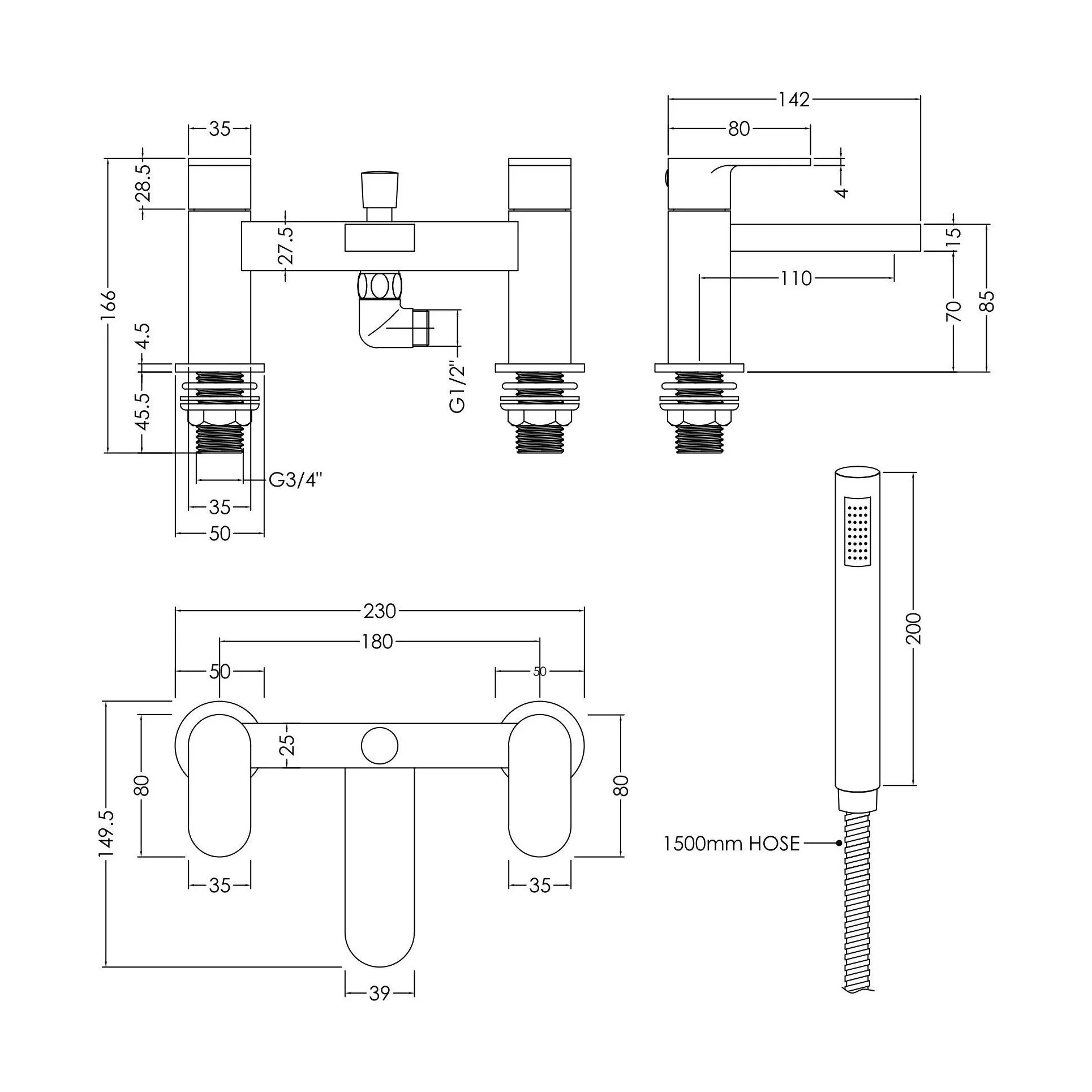 Balterley Current Modern Deck Mount Round Bath Shower Mixer Tap with Shower Kit, Flat Spout - Polished Chrome Finish - Image 2