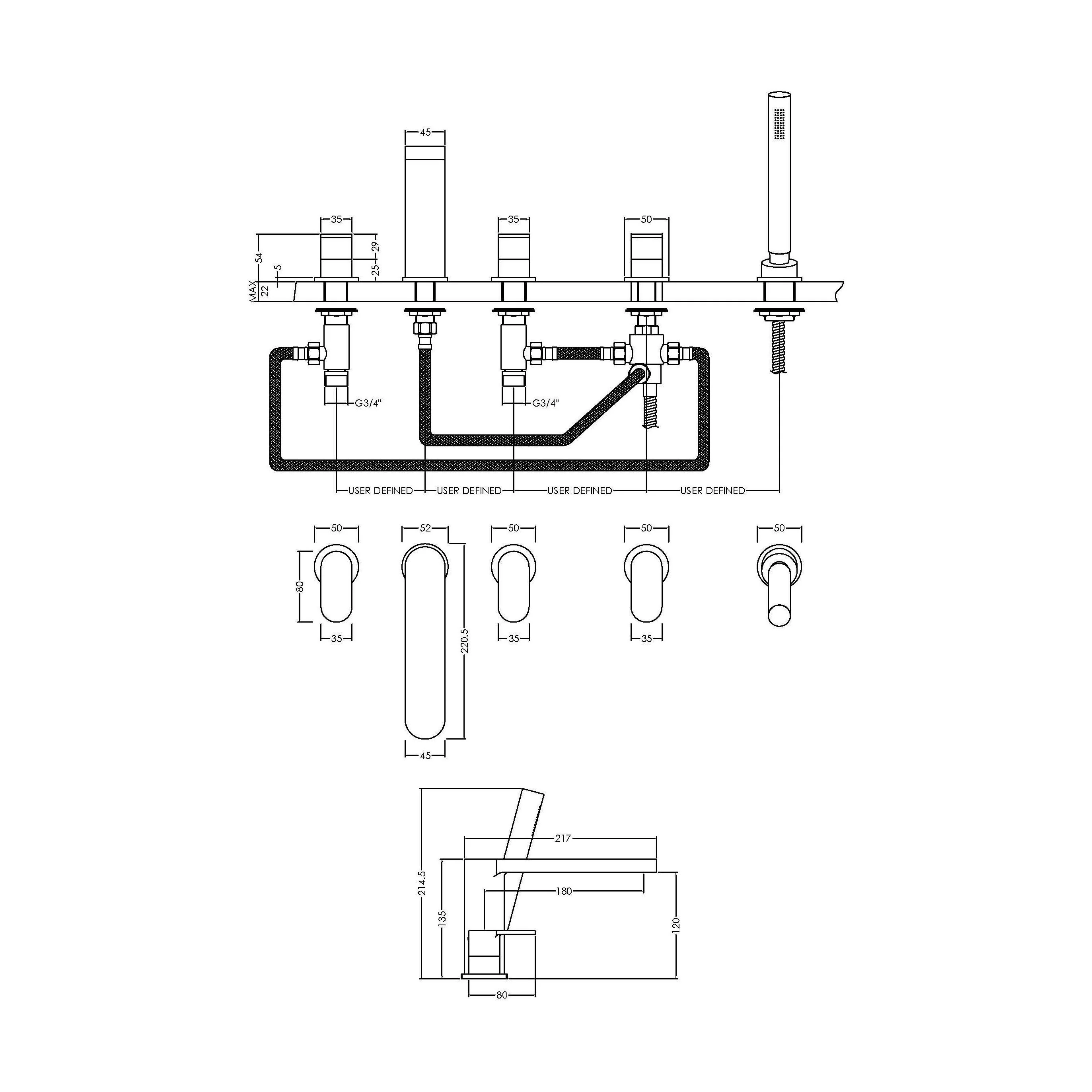 Balterley Current Deck Mounted Round 5 Tap Hole Bath Shower Mixer Tap with Diverter, Spout & Shower Kit - Chrome Finish - Image 3