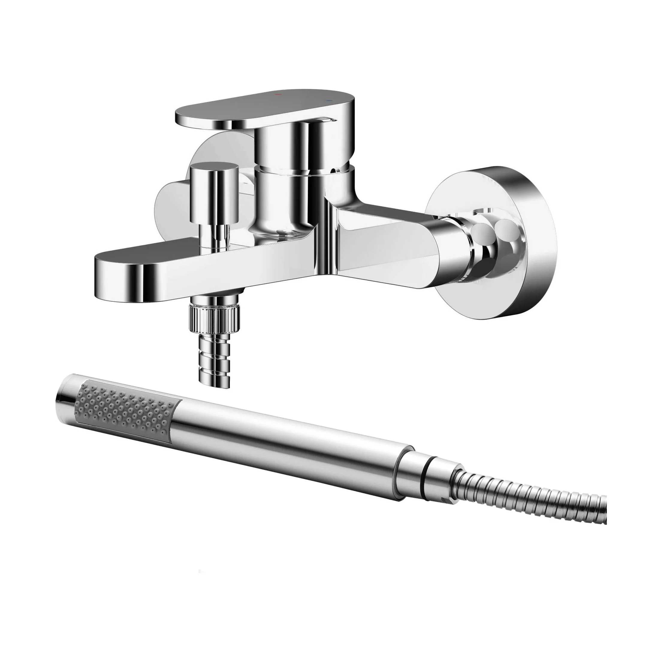 Balterley Current Modern Wall Mount Round Bath Shower Mixer Tap with Flat Spout & Shower Kit - Chrome Finish
