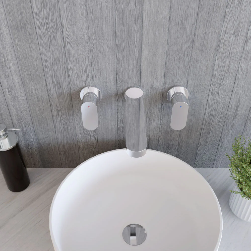 Balterley Current Modern Round Wall Mount 3 Tap Hole Basin Mixer Tap with Lever Handles and Spout - Chrome Finish - Image 3