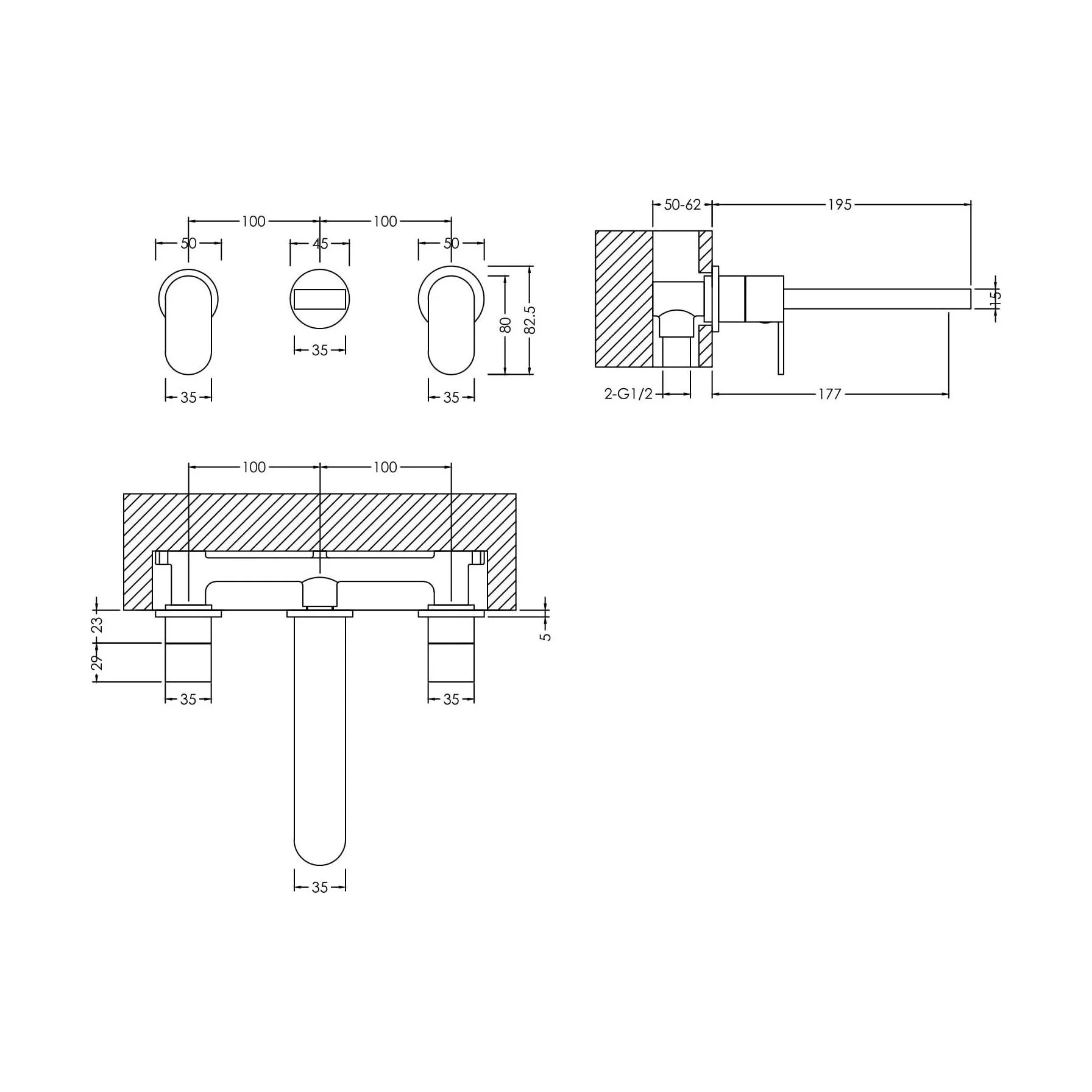 Balterley Current Modern Round Wall Mount 3 Tap Hole Basin Mixer Tap with Lever Handles and Spout - Chrome Finish - Image 5