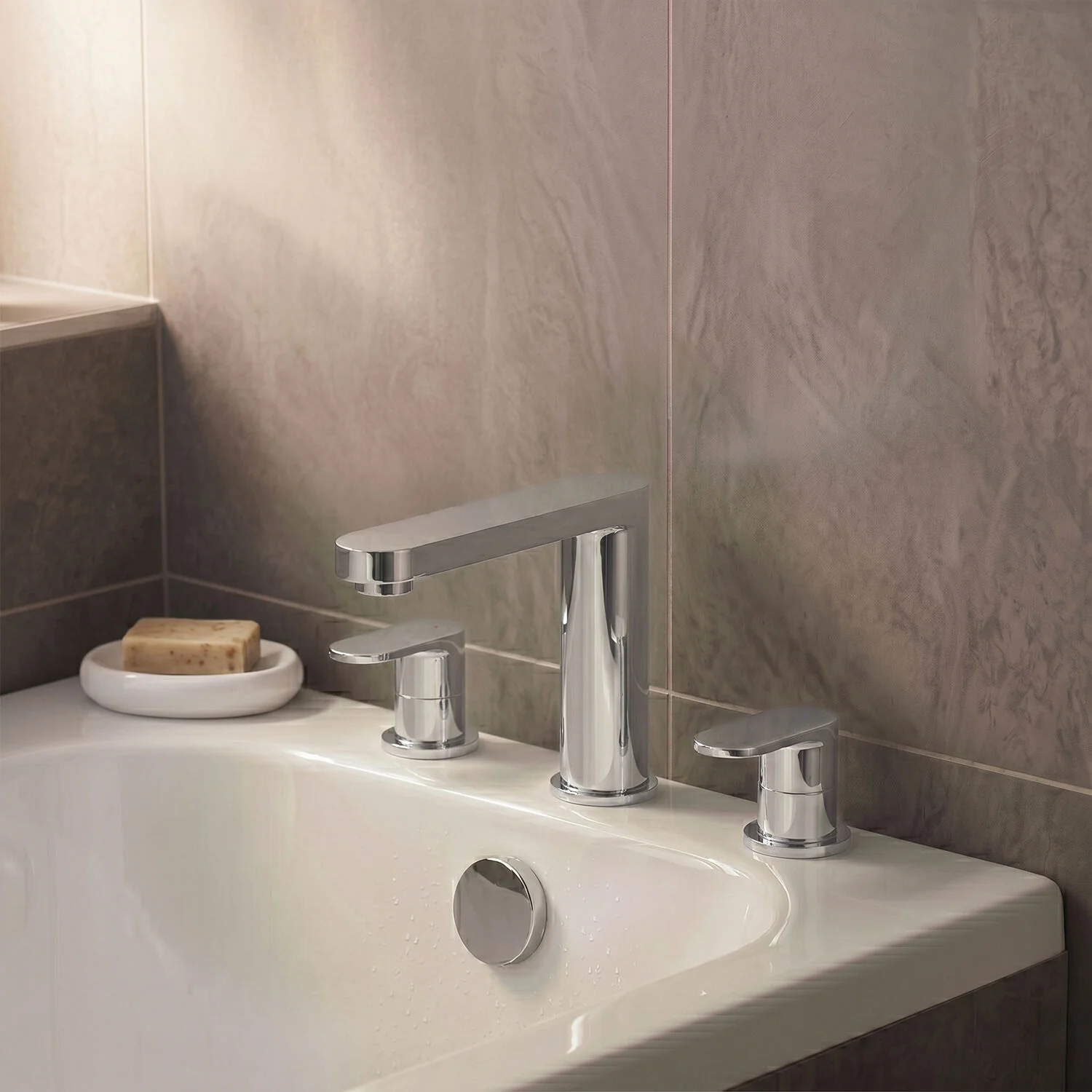 Balterley Current Modern Round Deck Mounted 3 Tap Hole Bath Filler Tap with Lever Handles and Flat Spout - Chrome Finish