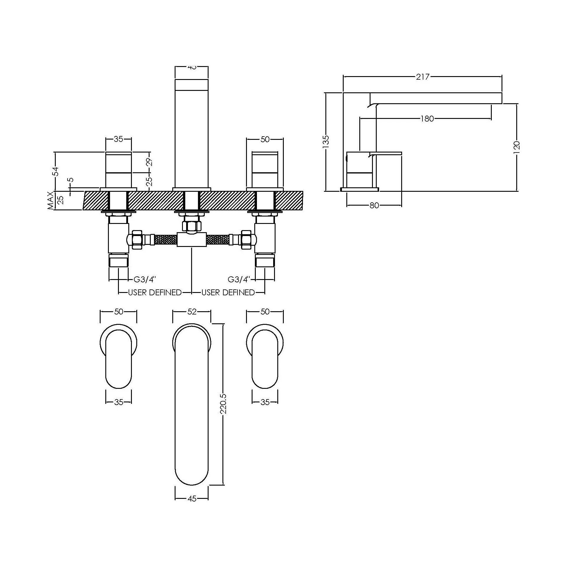 Balterley Current Modern Round Deck Mounted 3 Tap Hole Bath Filler Tap with Lever Handles and Flat Spout - Chrome Finish - Image 3