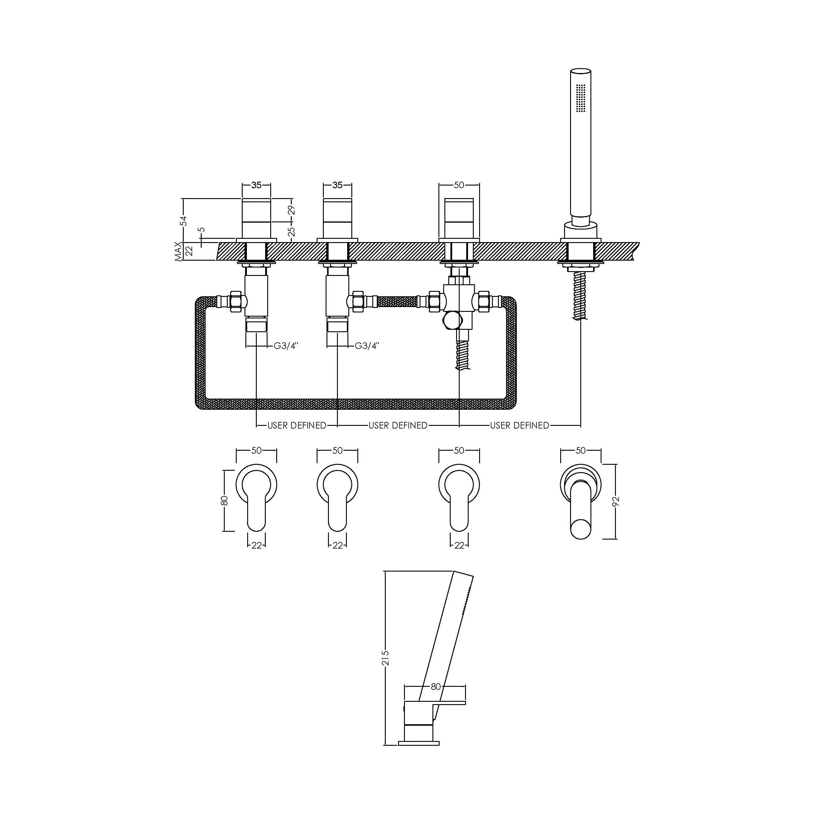 Balterley Current Modern Deck Mount Round 4 Tap Hole Bath Shower Mixer Tap with Diverter & Shower Kit No Spout - Chrome Finish - Image 2