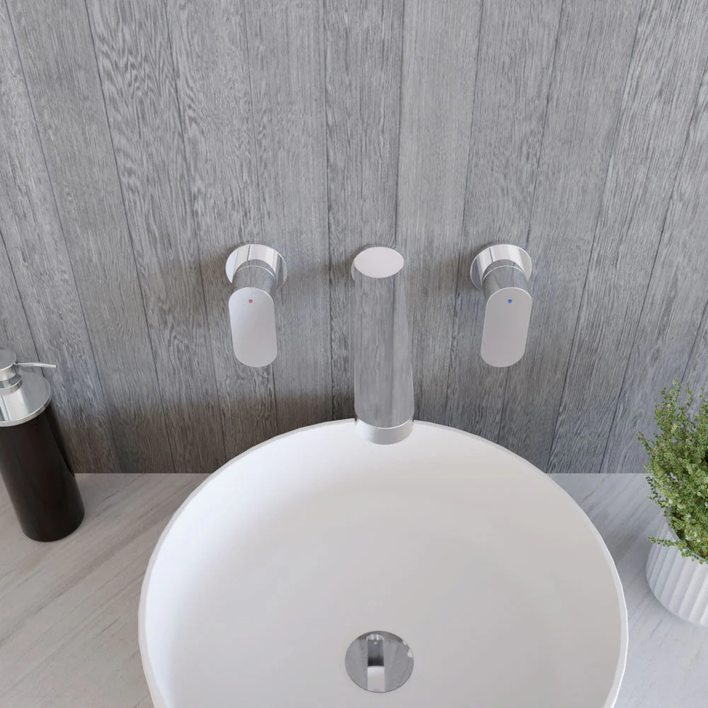 Balterley Current Round Wall Mount 2 Tap Hole Basin Mixer Tap with Flat Spout and Single Lever Handle - Polished Chrome Finish - Image 3