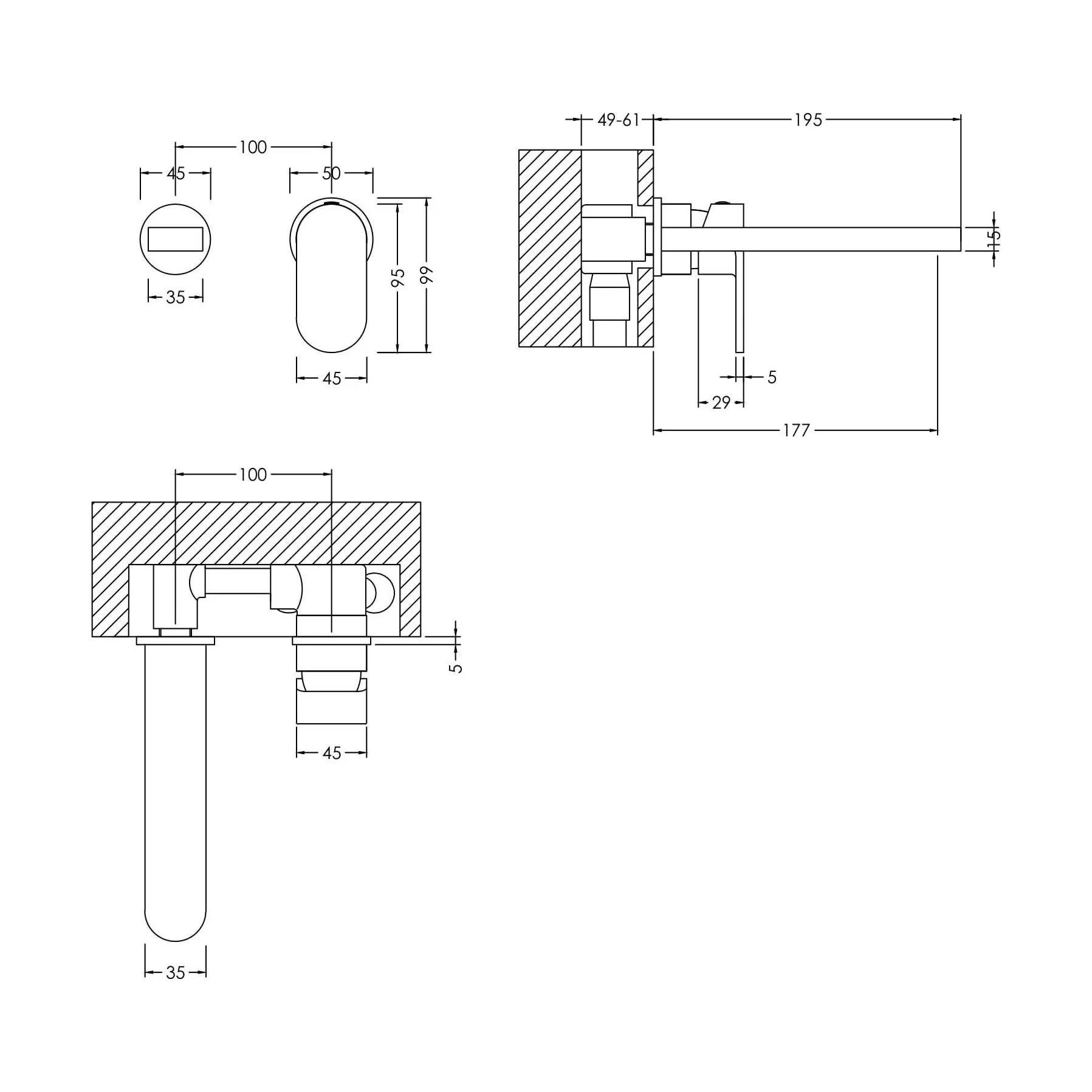 Balterley Current Round Wall Mount 2 Tap Hole Basin Mixer Tap with Flat Spout and Single Lever Handle - Polished Chrome Finish - Image 6
