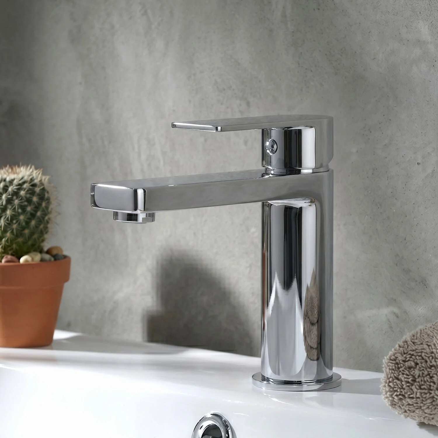 Ranton Contemporary Mono Basin Mixer Tap and Push Button Waste, Choice of Colour