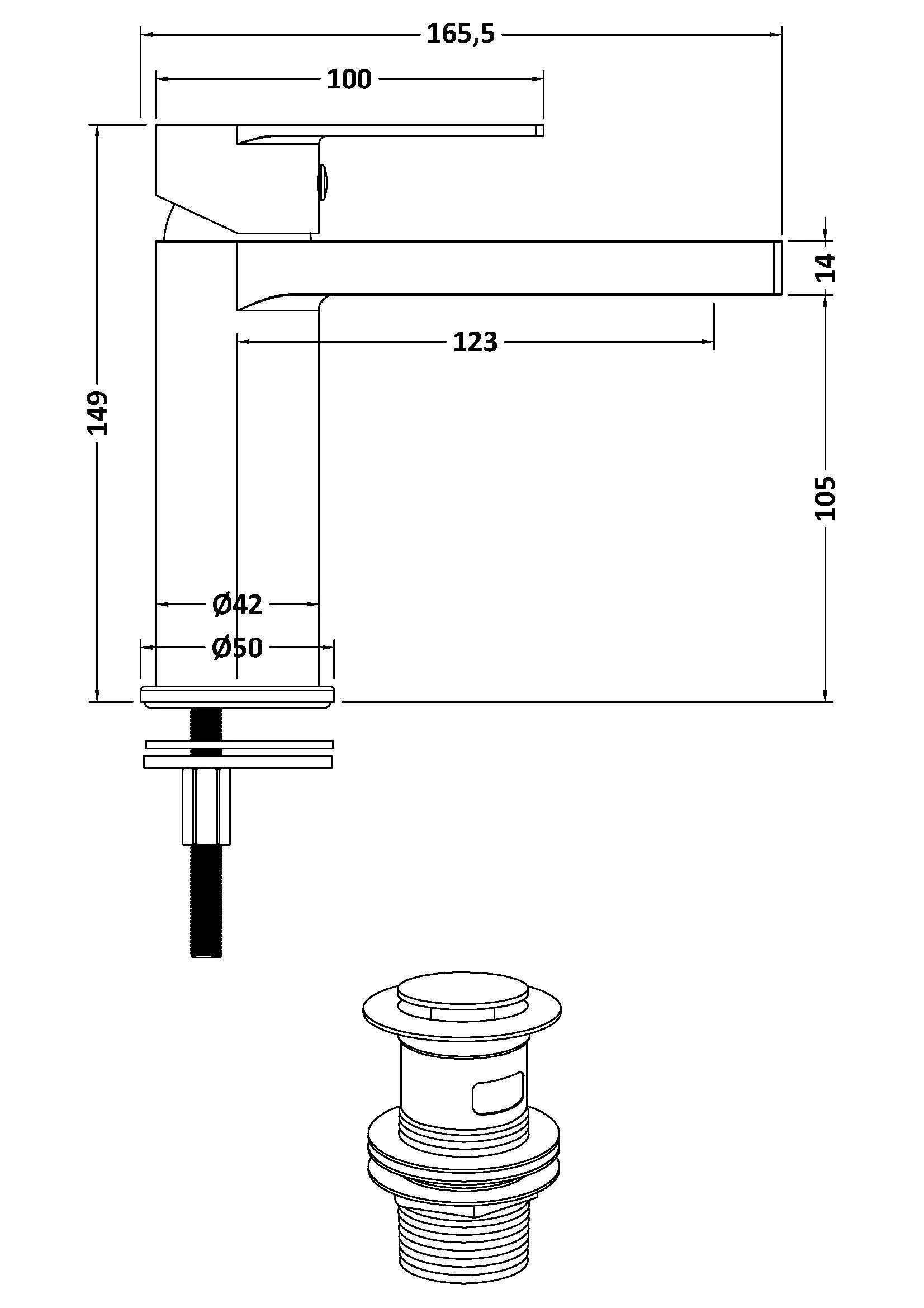 Ranton Contemporary Mono Basin Mixer Tap and Push Button Waste, Choice of Colour - Image 6