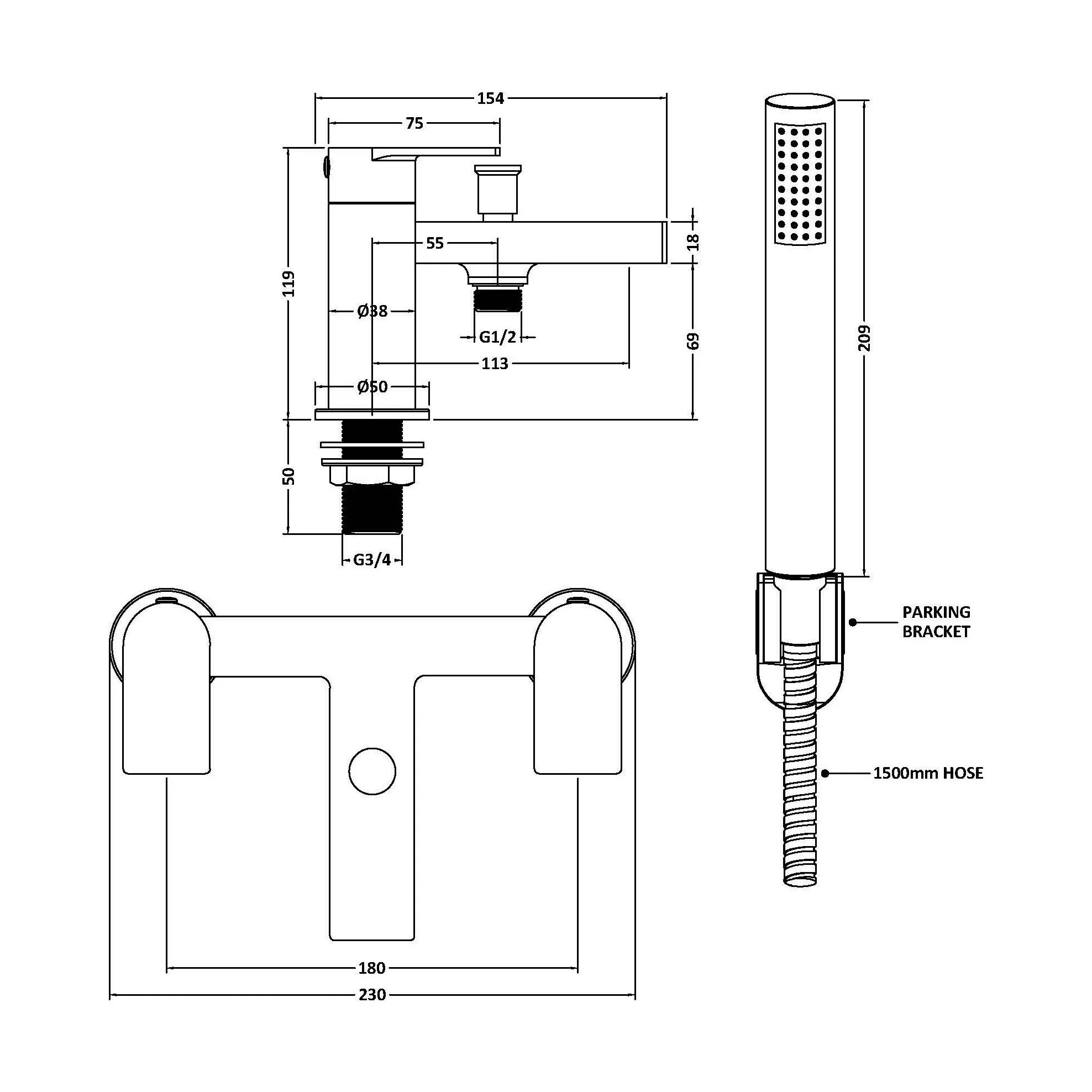 Contemporary Bath Shower Mixer Tap with Shower Kit - Matt Black - Balterley - Image 3