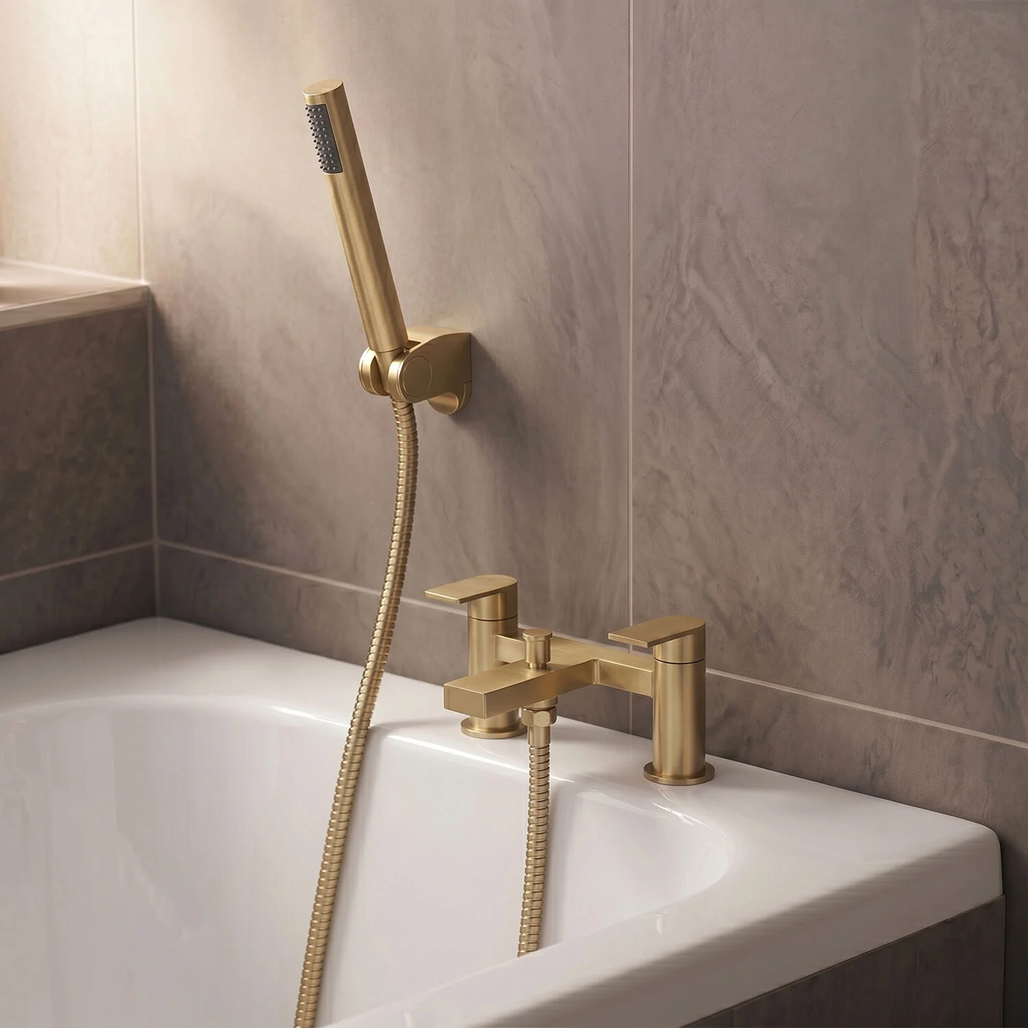 Contemporary Bath Shower Mixer Tap with Shower Kit - Brushed Brass - Balterley