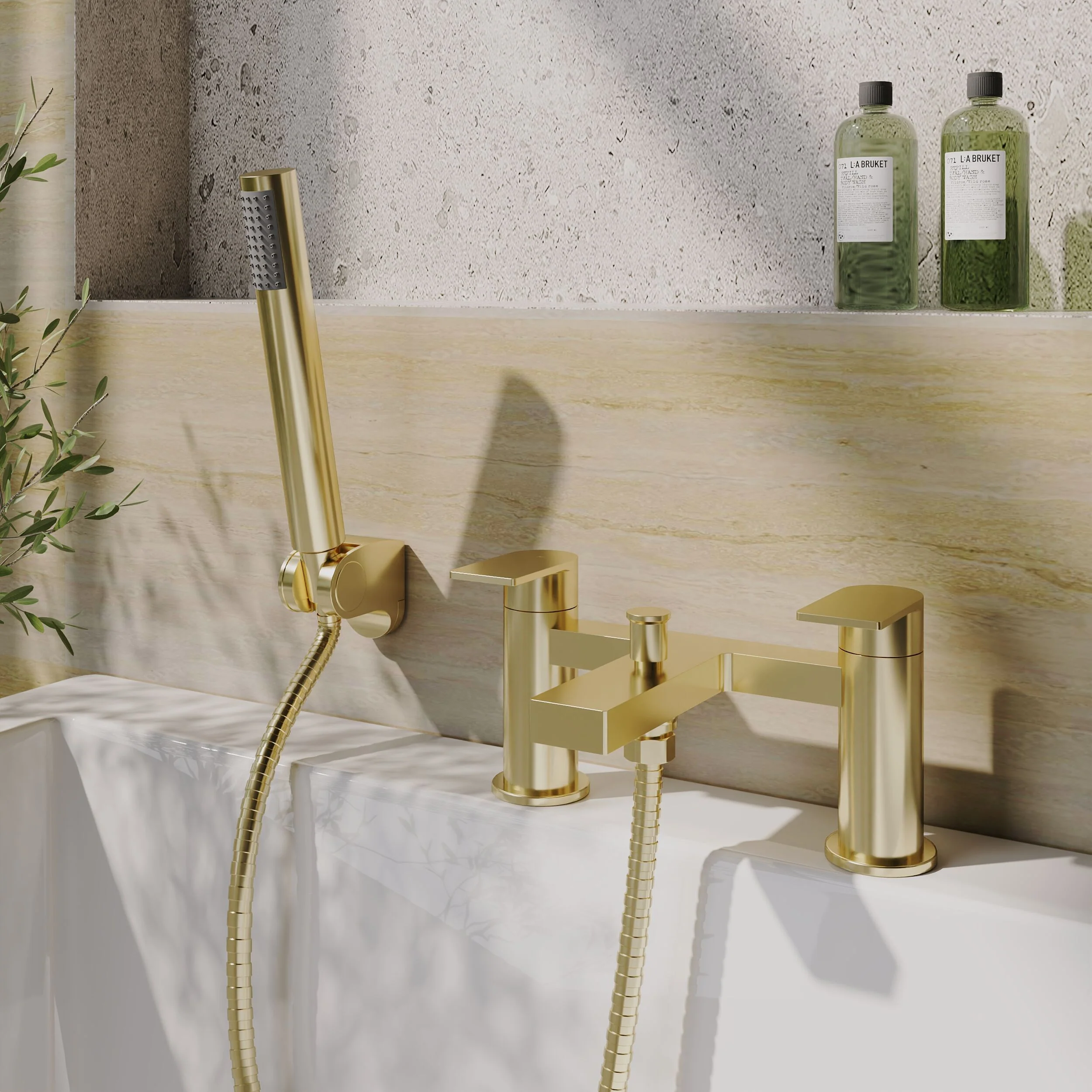 Contemporary Bath Shower Mixer Tap with Shower Kit - Brushed Brass - Balterley - Image 2