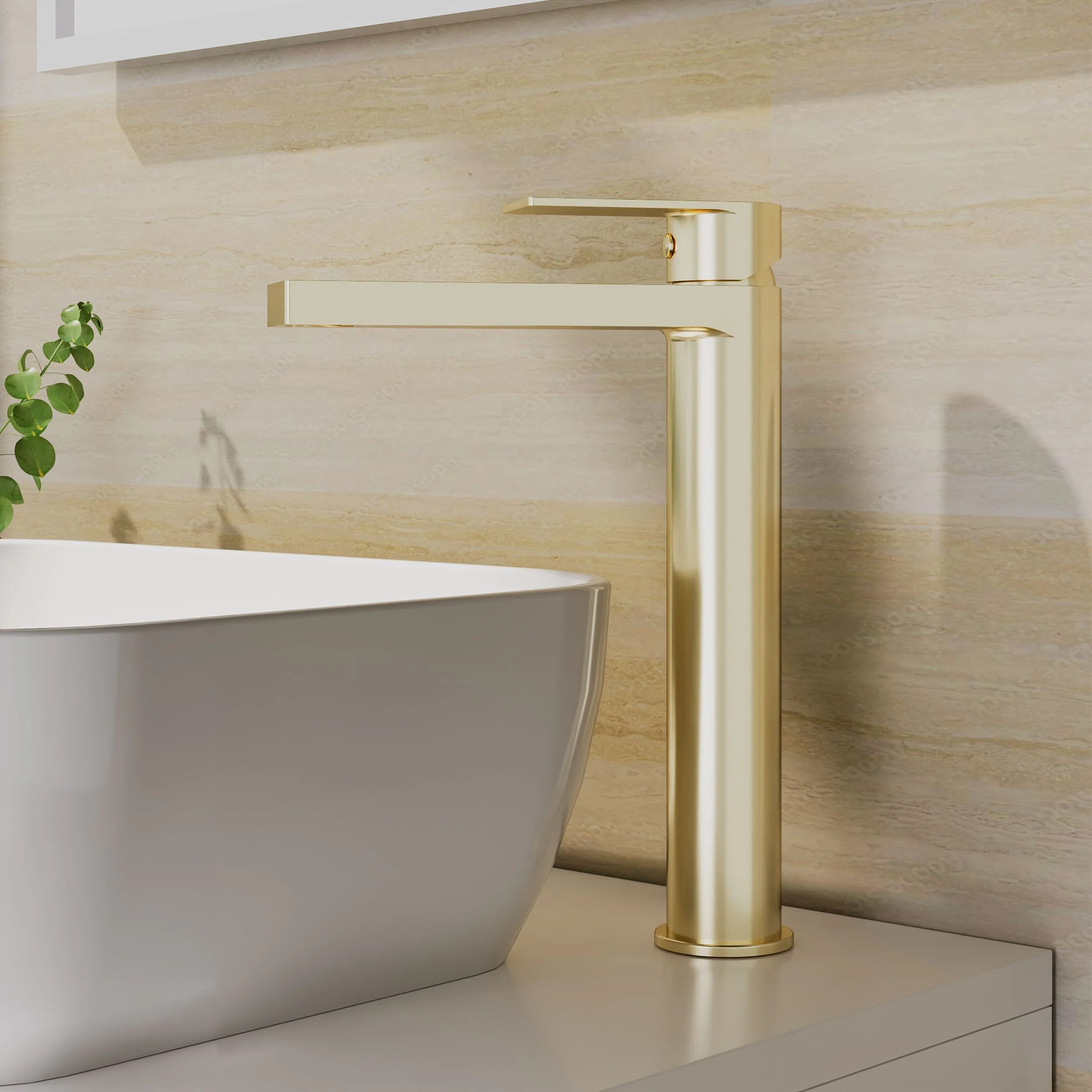 Contemporary Tall Mono Basin Mixer Tap - Brushed Brass - Image 2