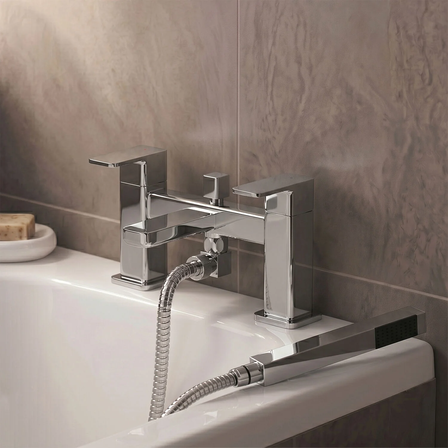 Deck Mount Square Bath Shower Mixer Tap with Shower Kit Chrome
