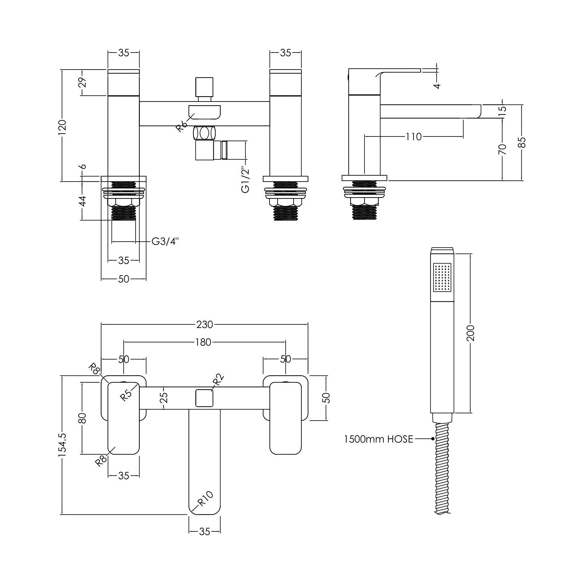Deck Mount Square Bath Shower Mixer Tap with Shower Kit Chrome - Image 3