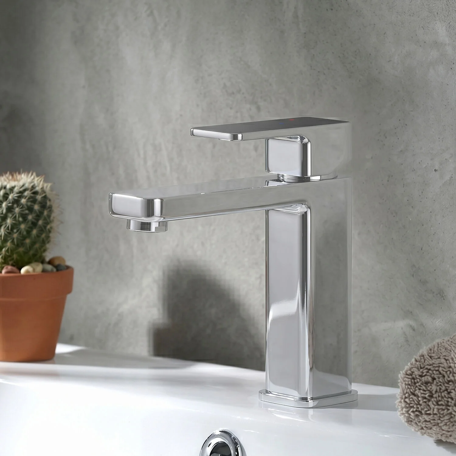 Square Eco Mono Basin Mixer Tap & Push Button Waste - Chrome