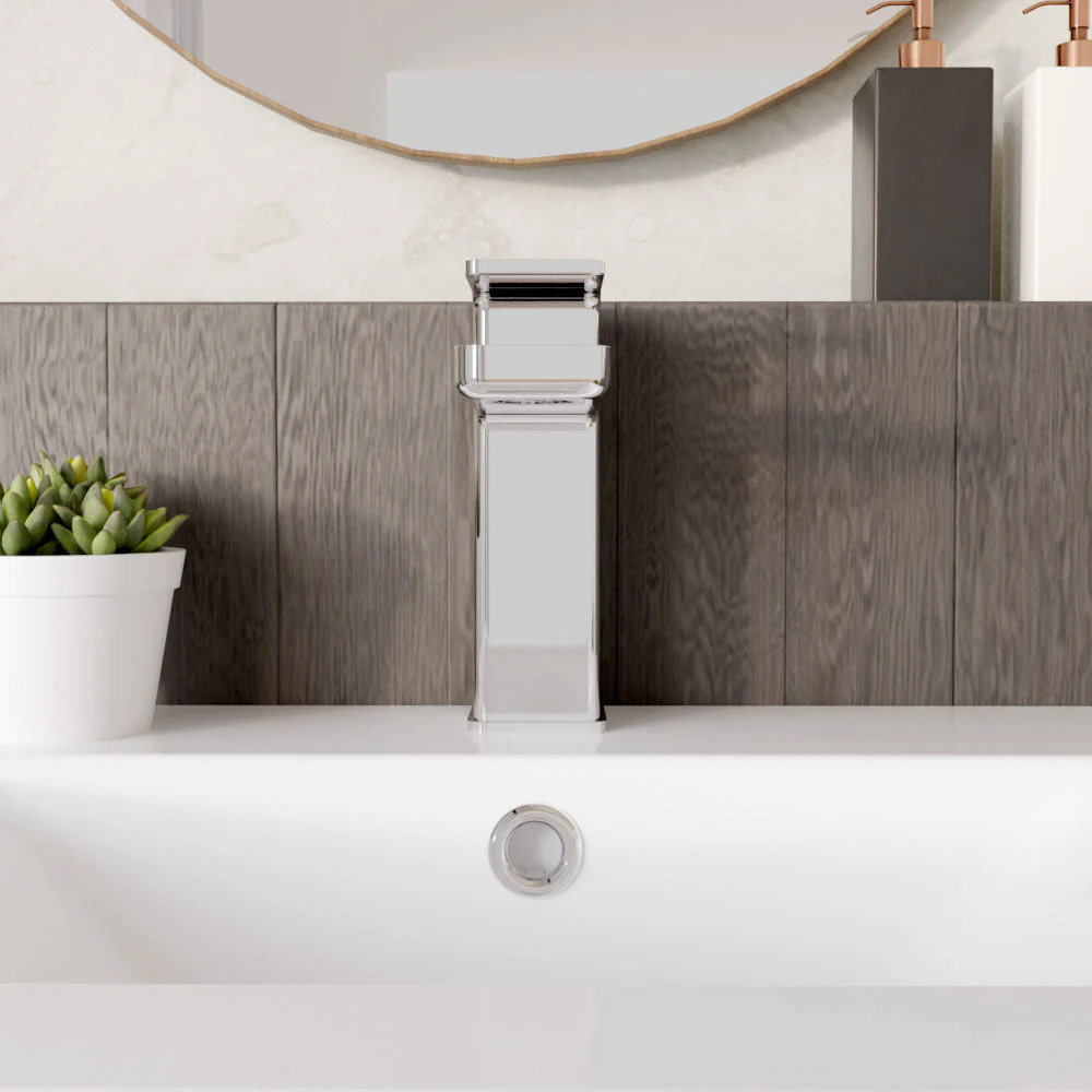 Square Eco Mono Basin Mixer Tap & Push Button Waste - Chrome - Image 2