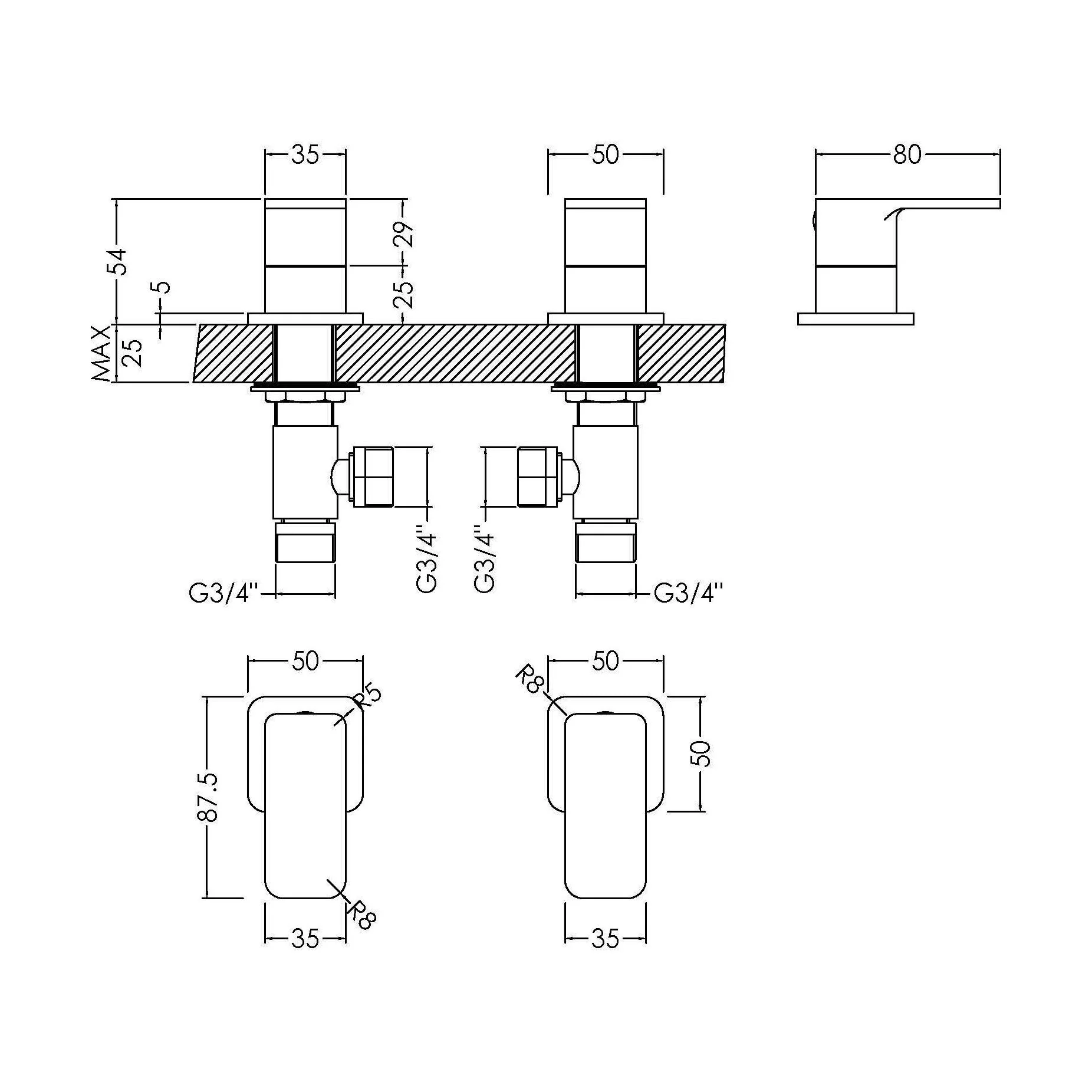 Square Deck Mounted 3/4" Chrome Side Valves Chrome - Image 2