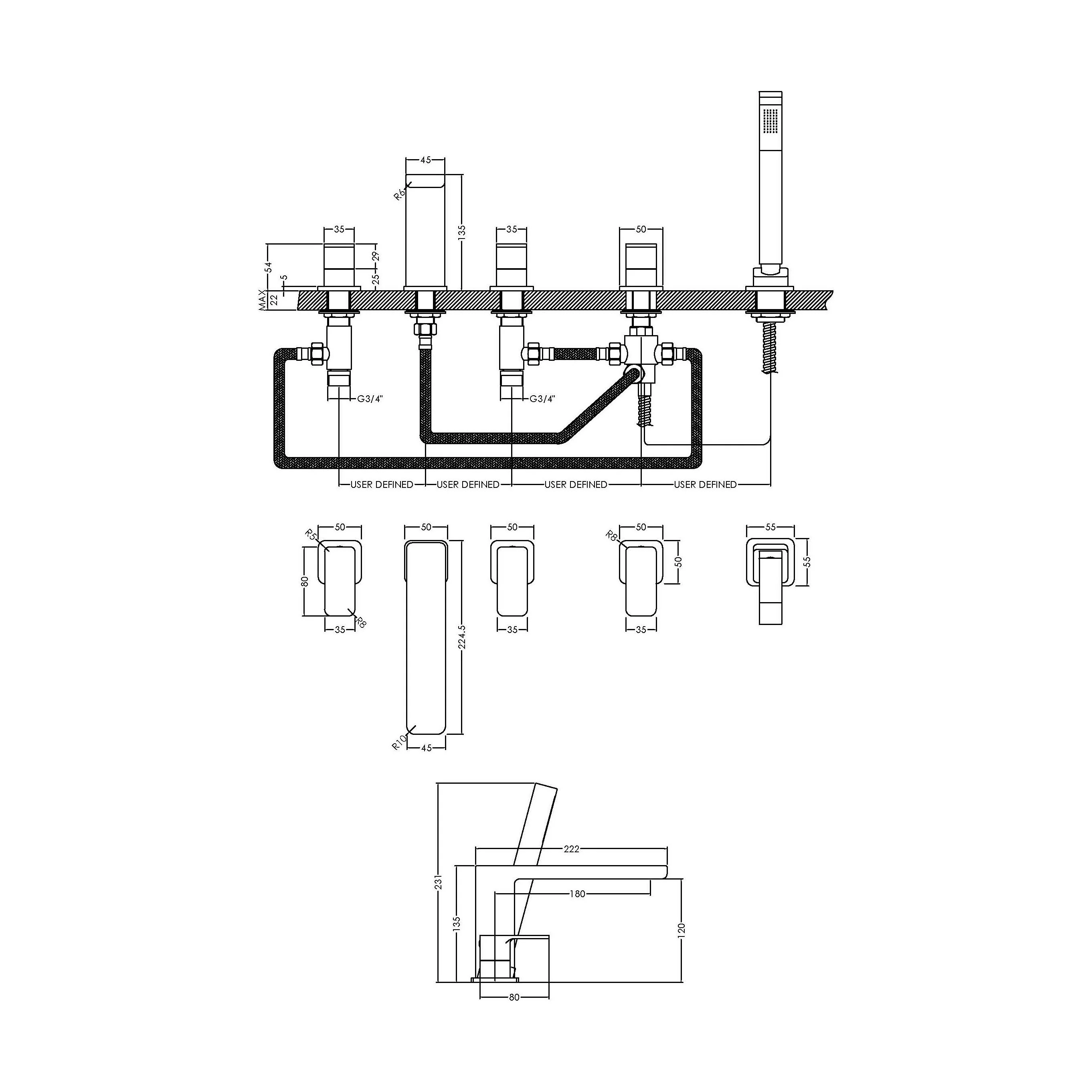 Deck Mount Square 5 Tap Hole Bath Shower Mixer Tap with Shower Kit - Chrome - Image 2