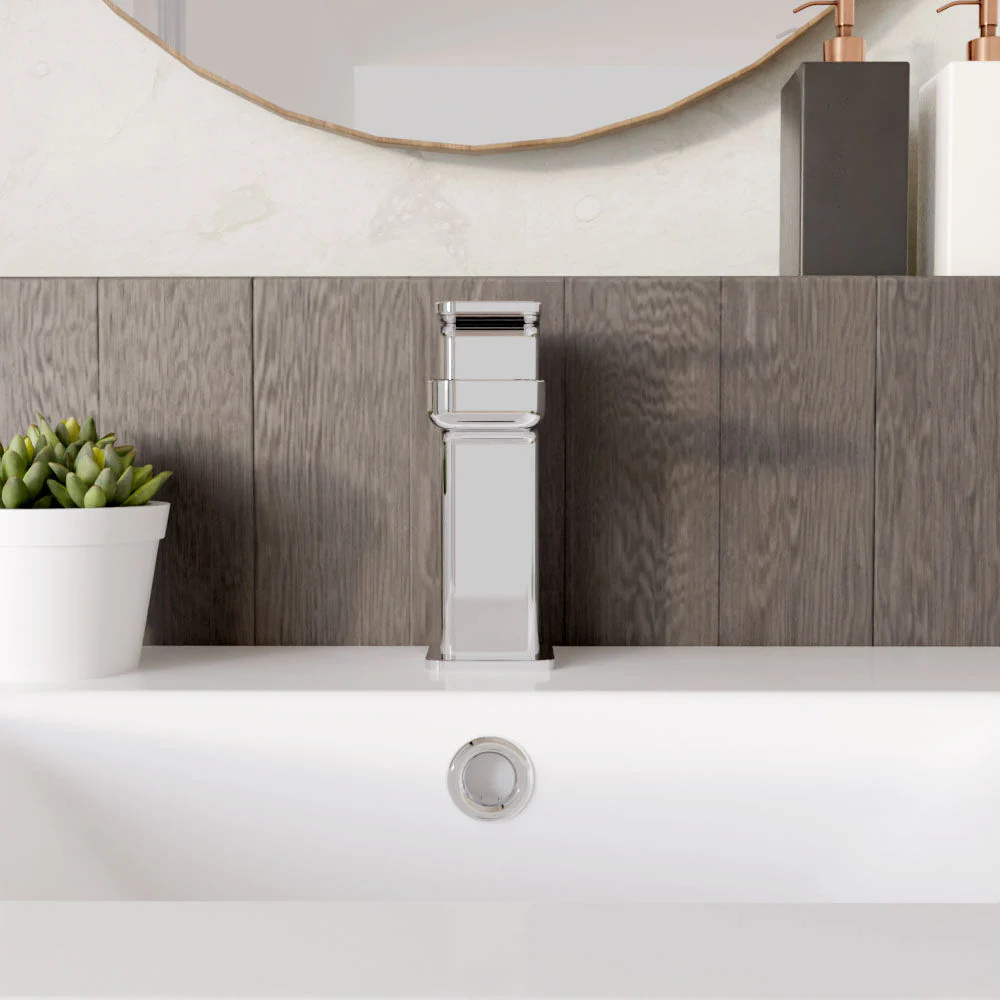 Square Mini Mono Basin Mixer Tap & Push Button Waste - Chrome - Image 2