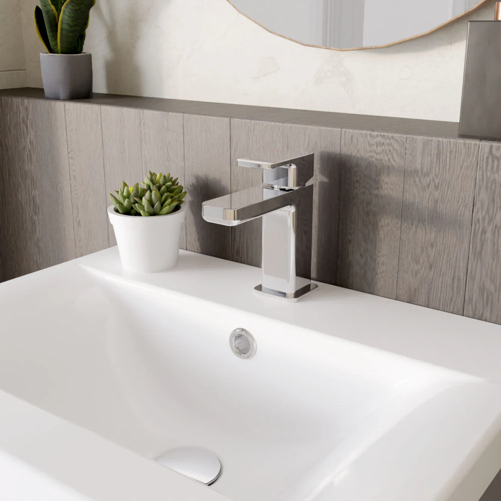 Square Mini Mono Basin Mixer Tap & Push Button Waste - Chrome - Image 4