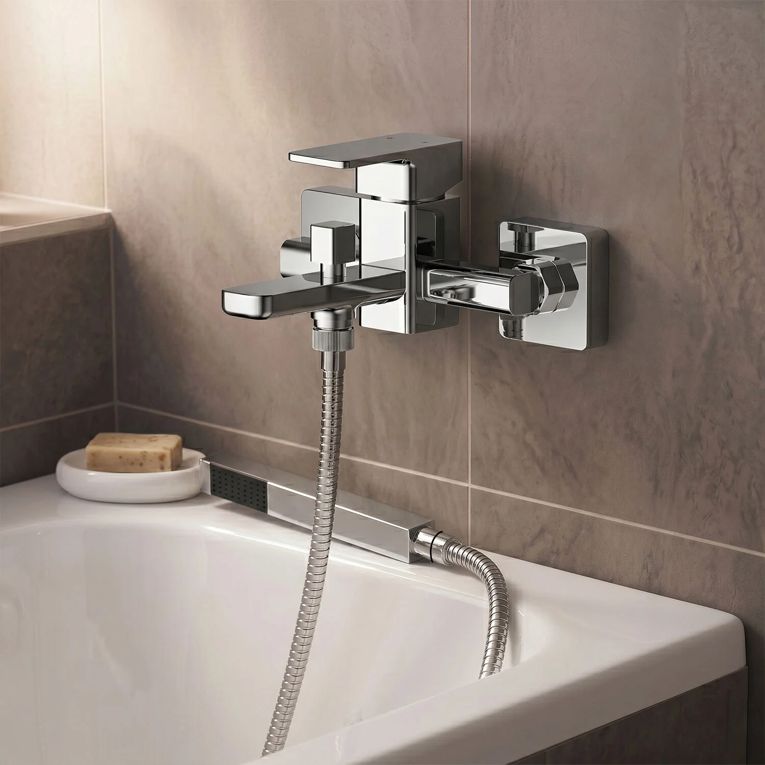 Wall Mounted Square Bath Shower Mixer Tap with Shower Kit - Chrome