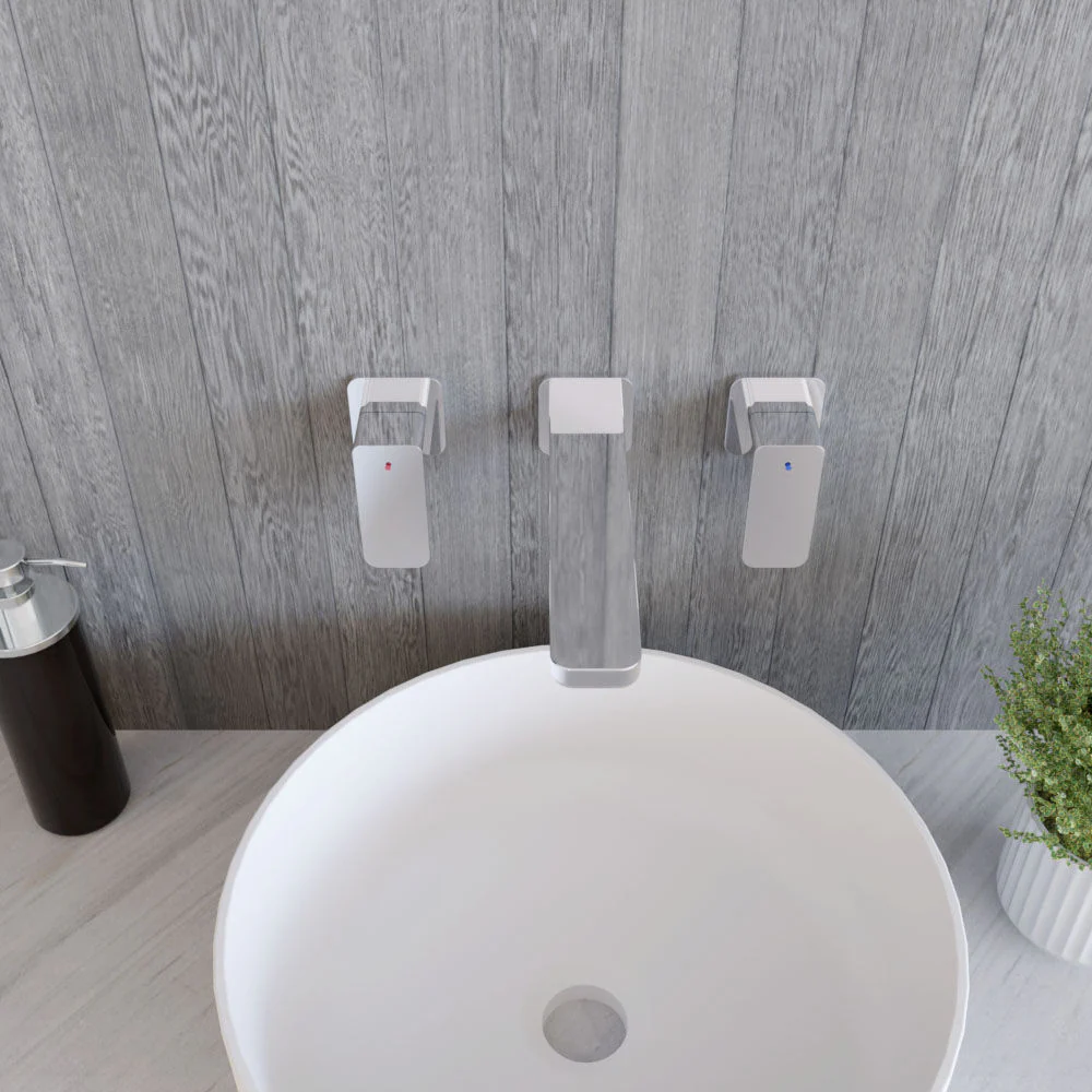 Square Wall Mount 3 Tap Hole Basin Mixer Tap - Chrome - Image 3