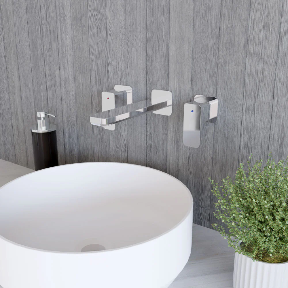 Square Wall Mount 3 Tap Hole Basin Mixer Tap - Chrome - Image 4