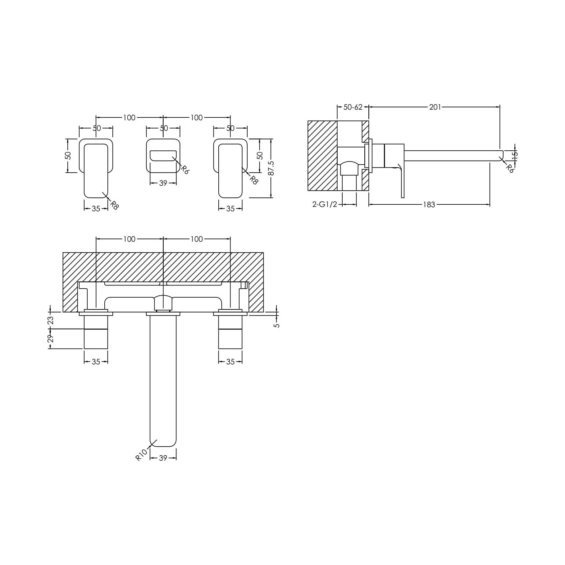 Square Wall Mount 3 Tap Hole Basin Mixer Tap - Chrome - Image 5