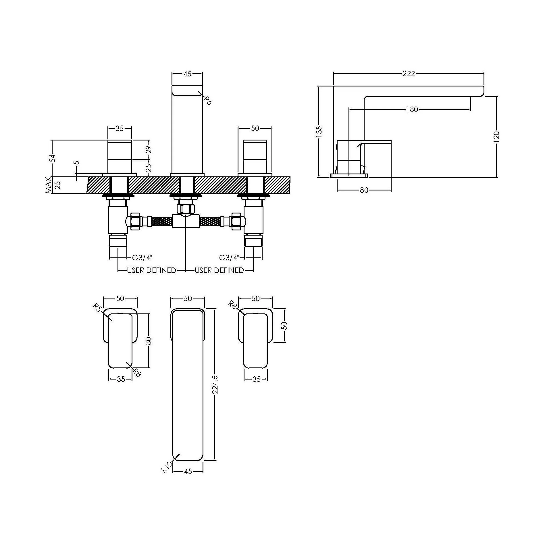 Square Deck Mounted 3 Tap Hole Bath Filler Tap - Chrome - Image 3