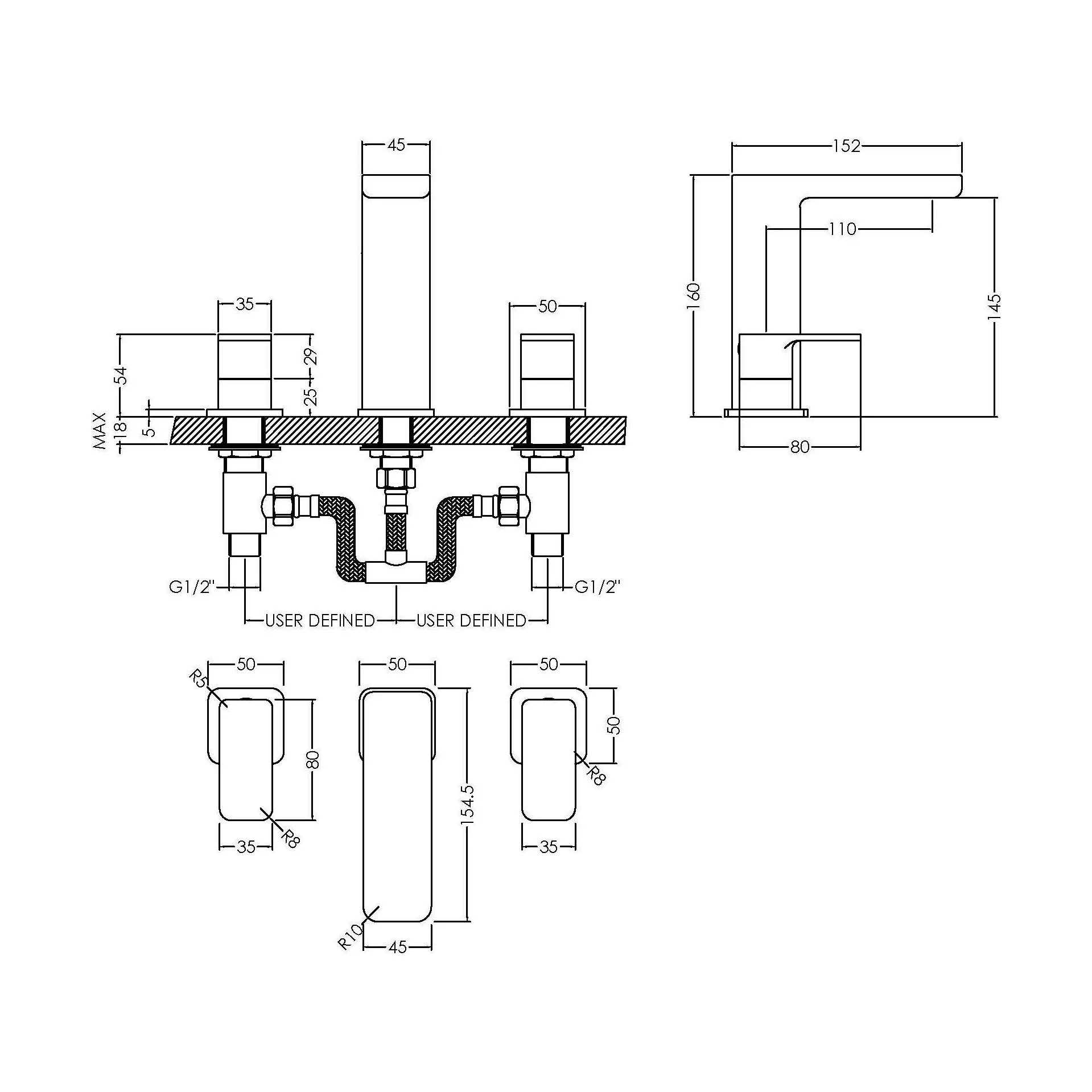 Square Deck 3 Tap Hole Basin Mixer Tap & Pop Up Waste - Chrome - Image 2