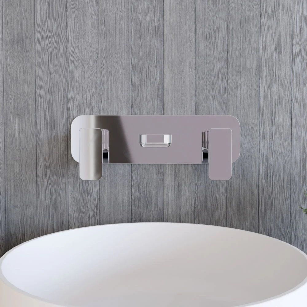 Square Wall Mount 3 Tap Hole Basin Mixer Tap & Back Plate - Chrome - Image 2
