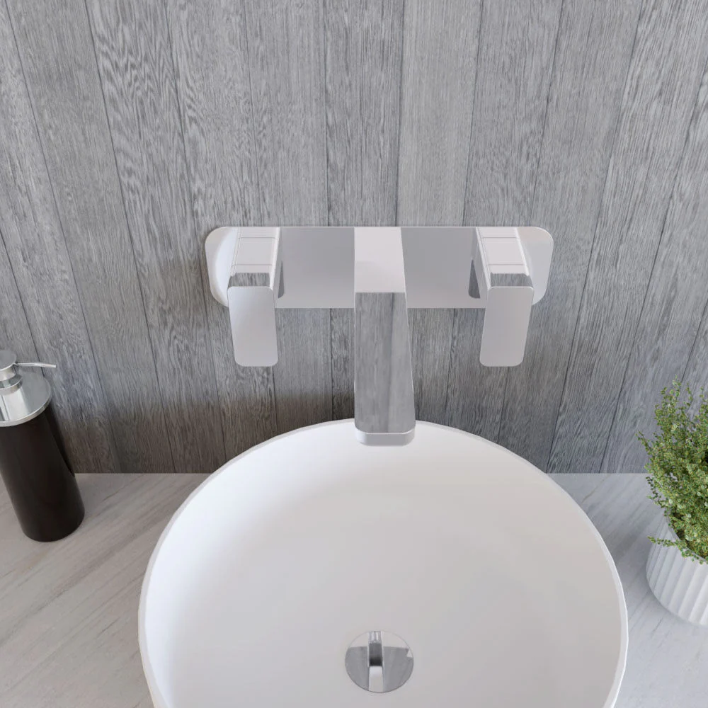 Square Wall Mount 3 Tap Hole Basin Mixer Tap & Back Plate - Chrome - Image 3