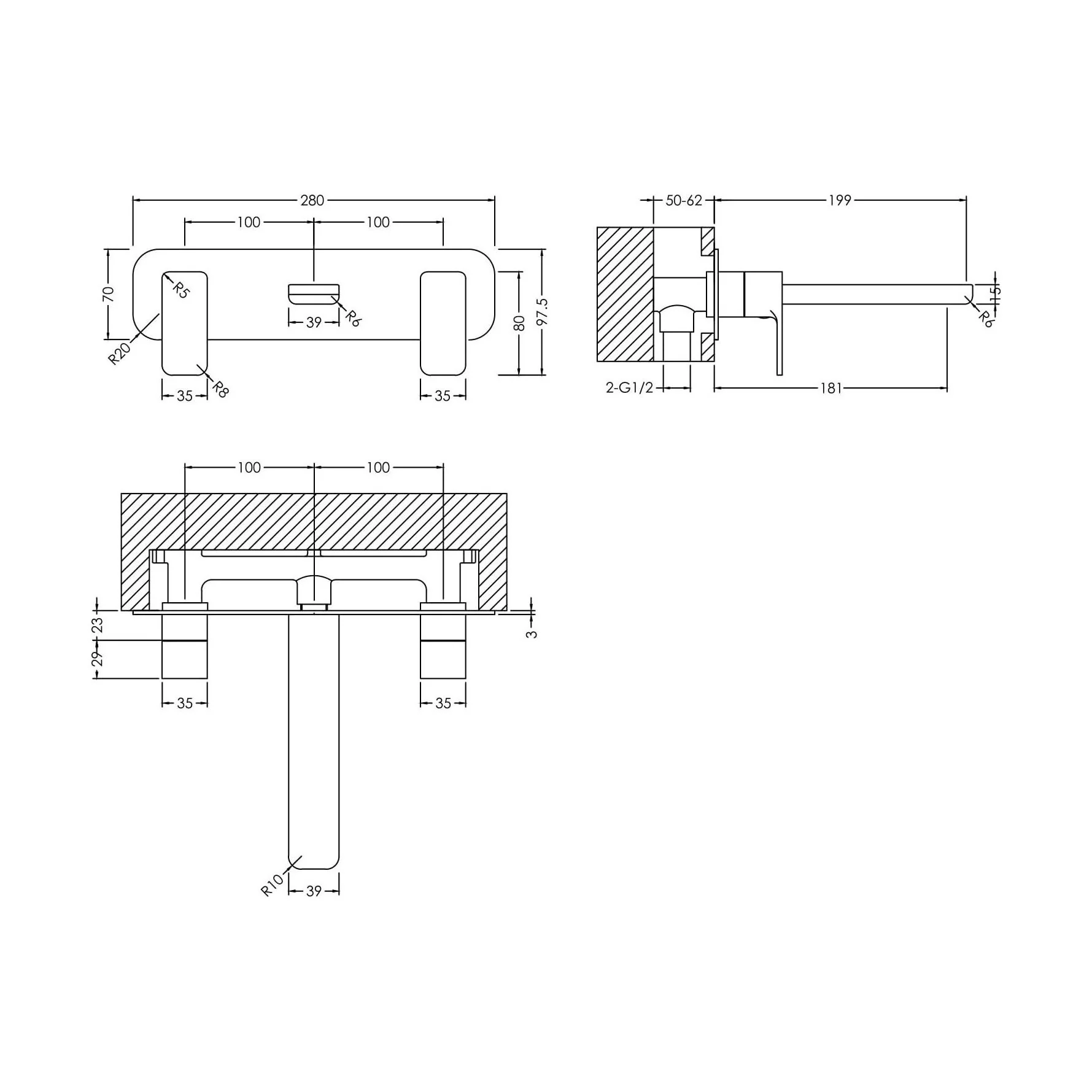 Square Wall Mount 3 Tap Hole Basin Mixer Tap & Back Plate - Chrome - Image 5