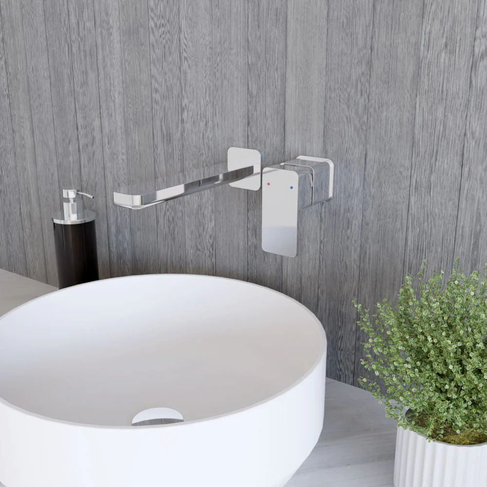 Square Wall Mount 2 Tap Hole Basin Mixer Tap Chrome - Image 4