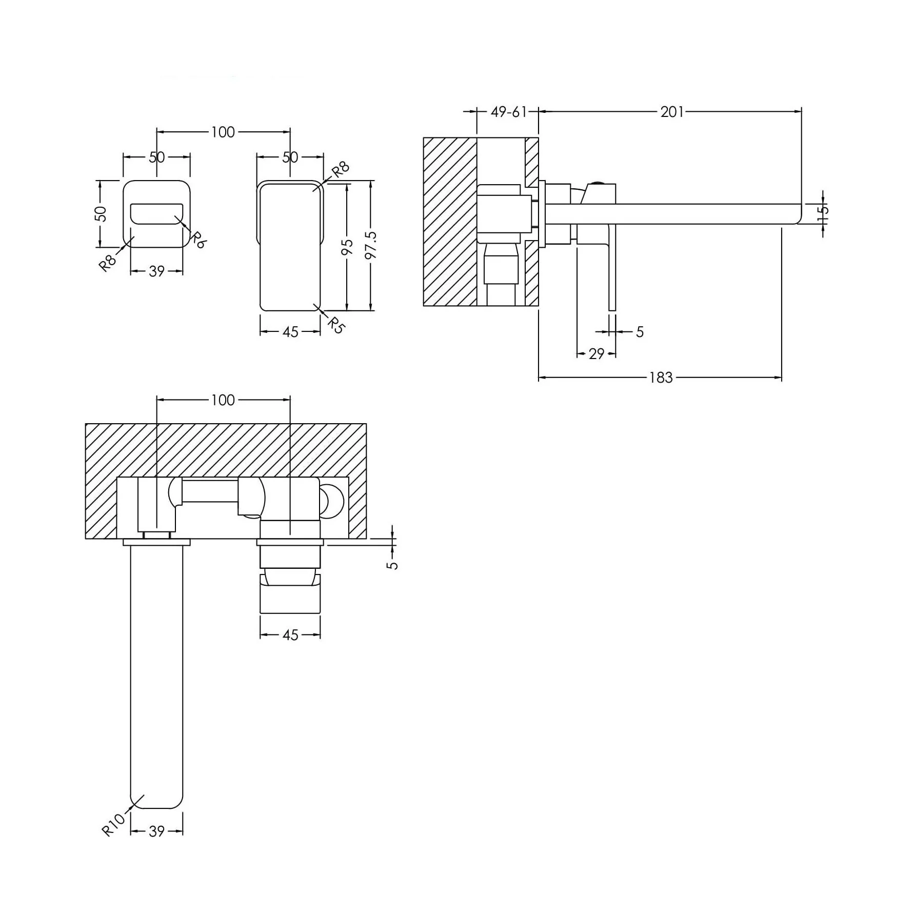 Square Wall Mount 2 Tap Hole Basin Mixer Tap Chrome - Image 5