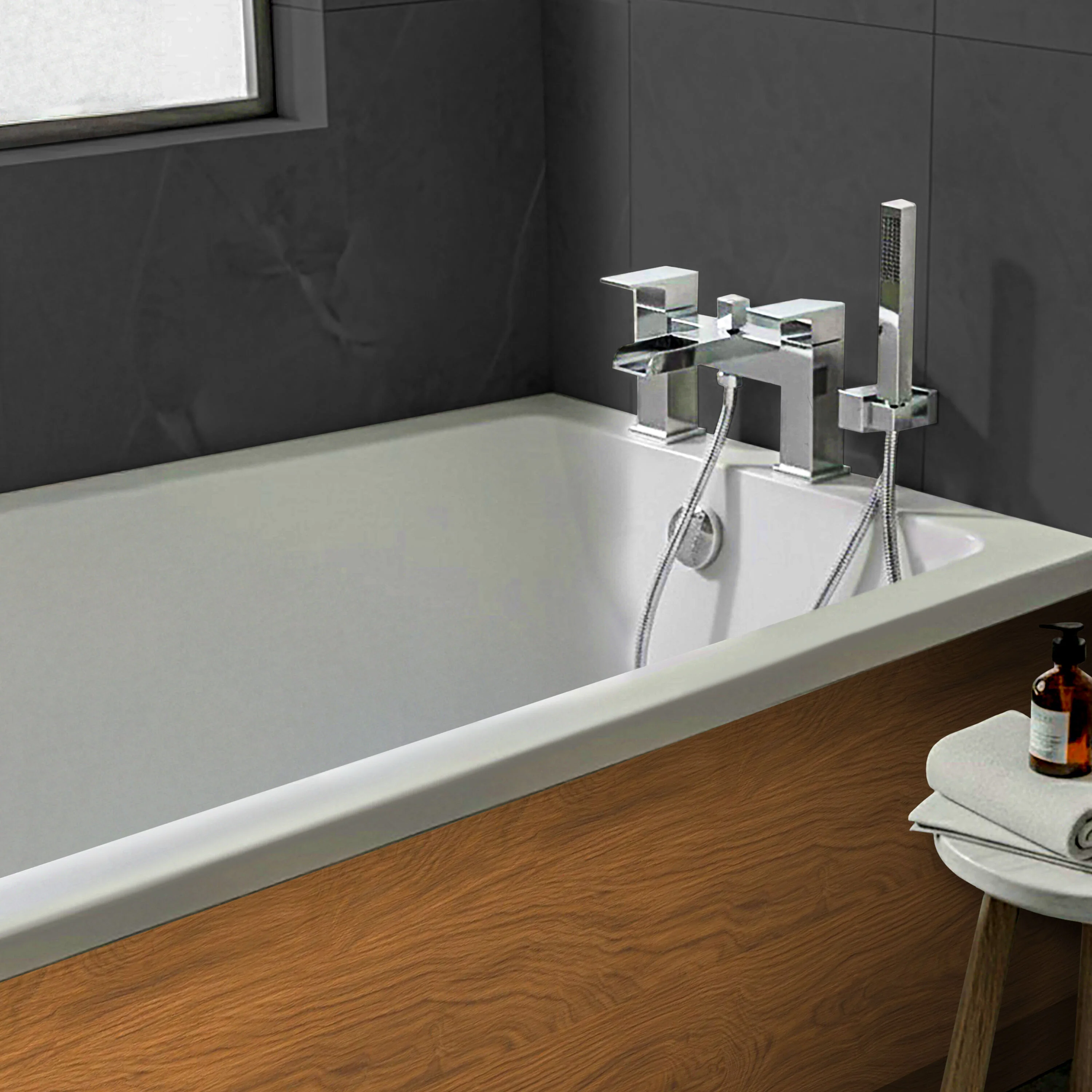 Square Bath Filler Tap with Shower Kit - Chrome - Image 2