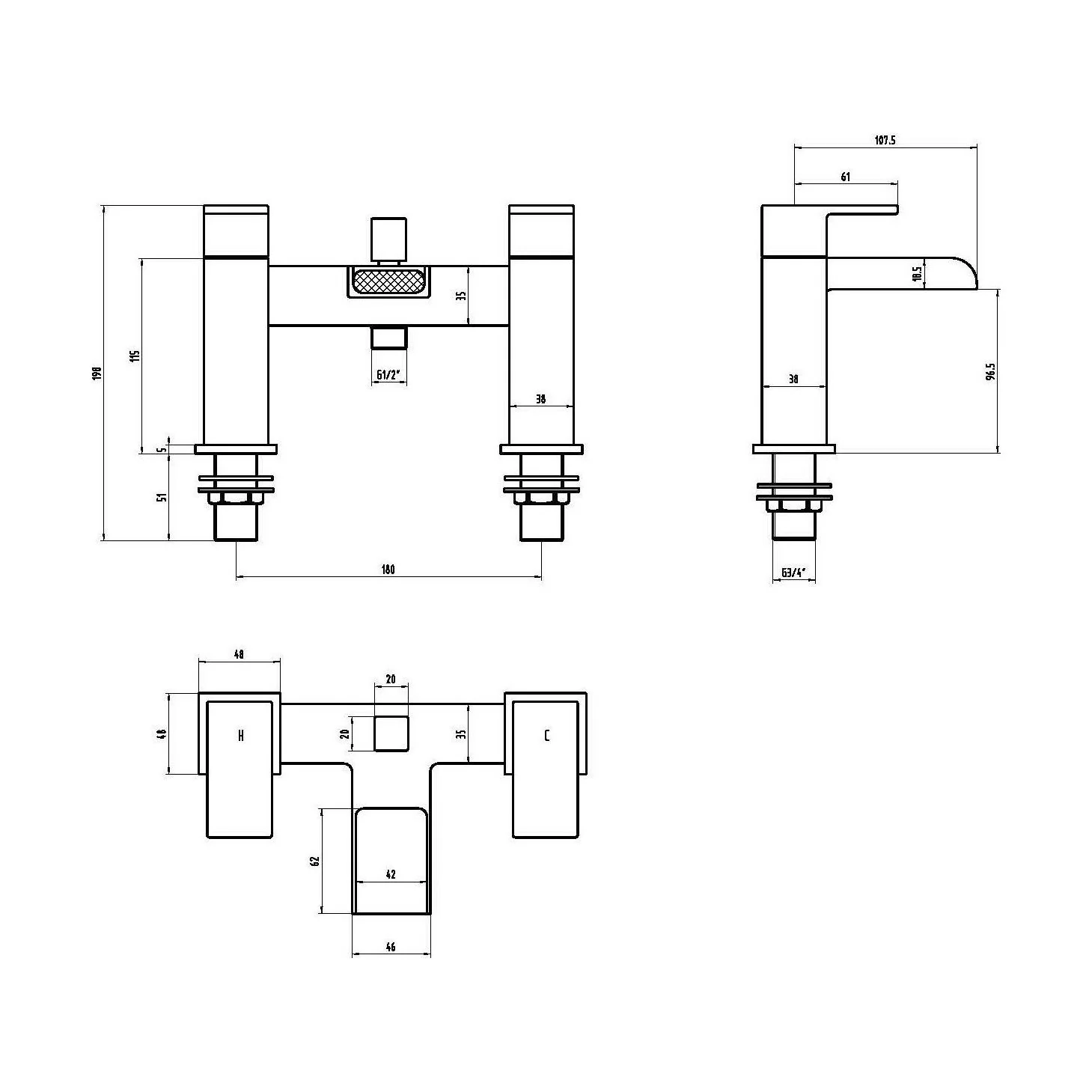Square Bath Filler Tap with Shower Kit - Chrome - Image 3