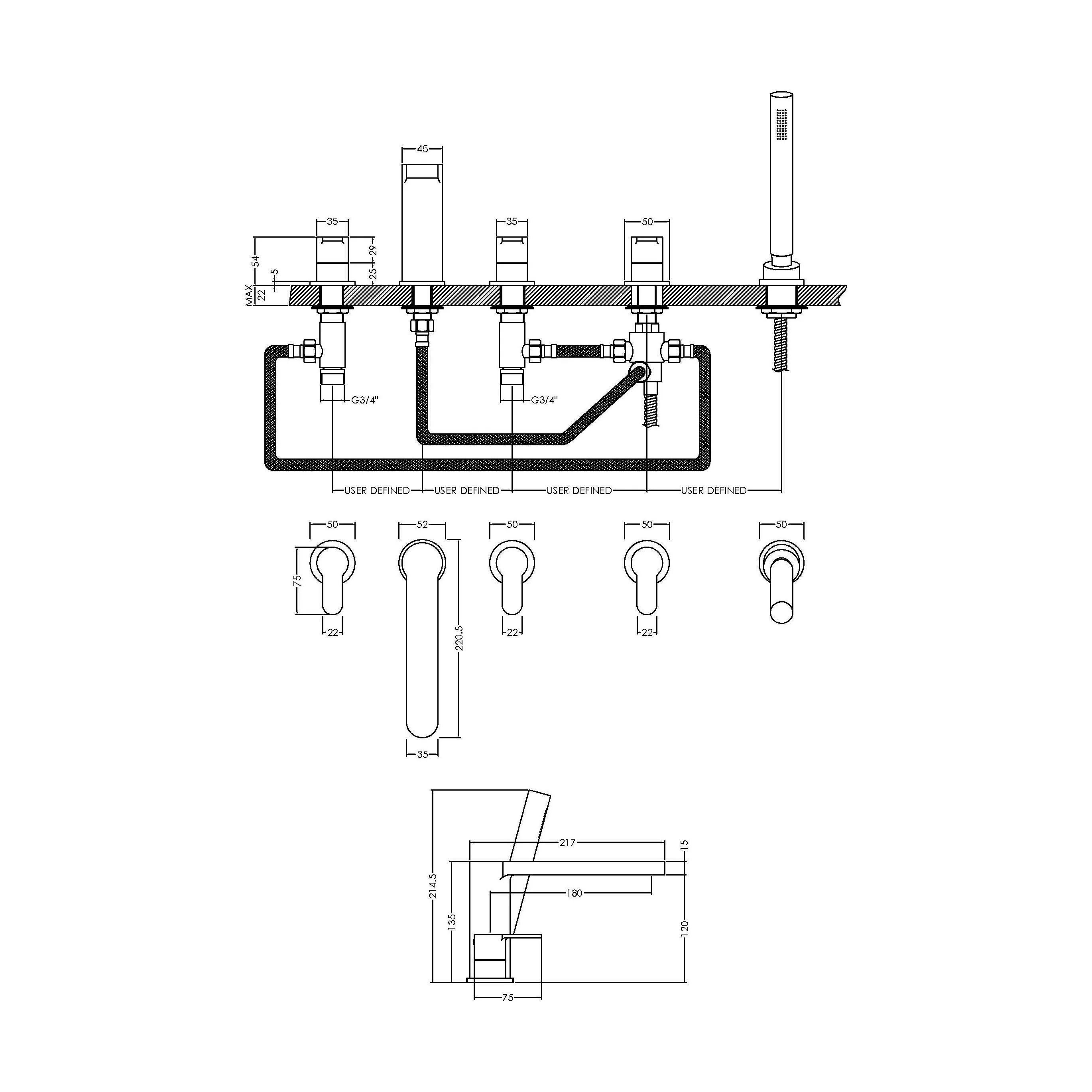 Balterley Pride Deck Mount Round 5 Tap Hole Bath Shower Mixer Tap with Shower Kit - Chrome - Image 6