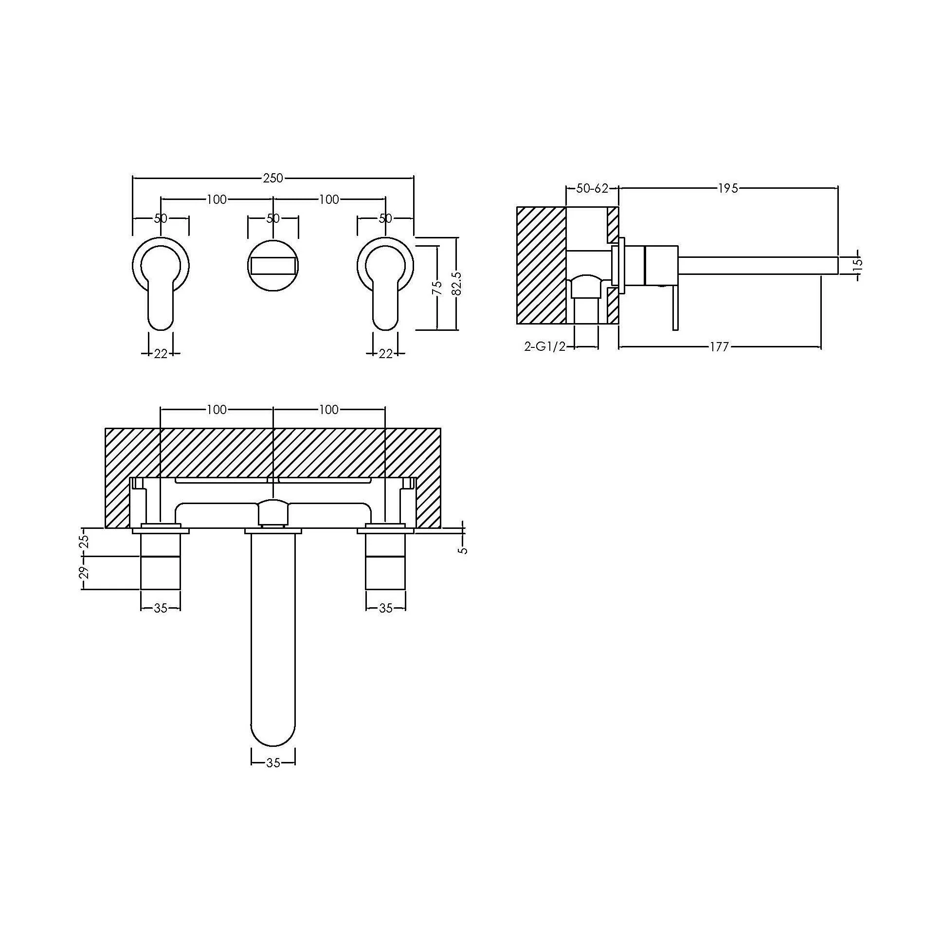 Balterley Pride Contemporary Round Wall Mount 3 Tap Hole Basin Mixer Tap - Chrome - Image 6