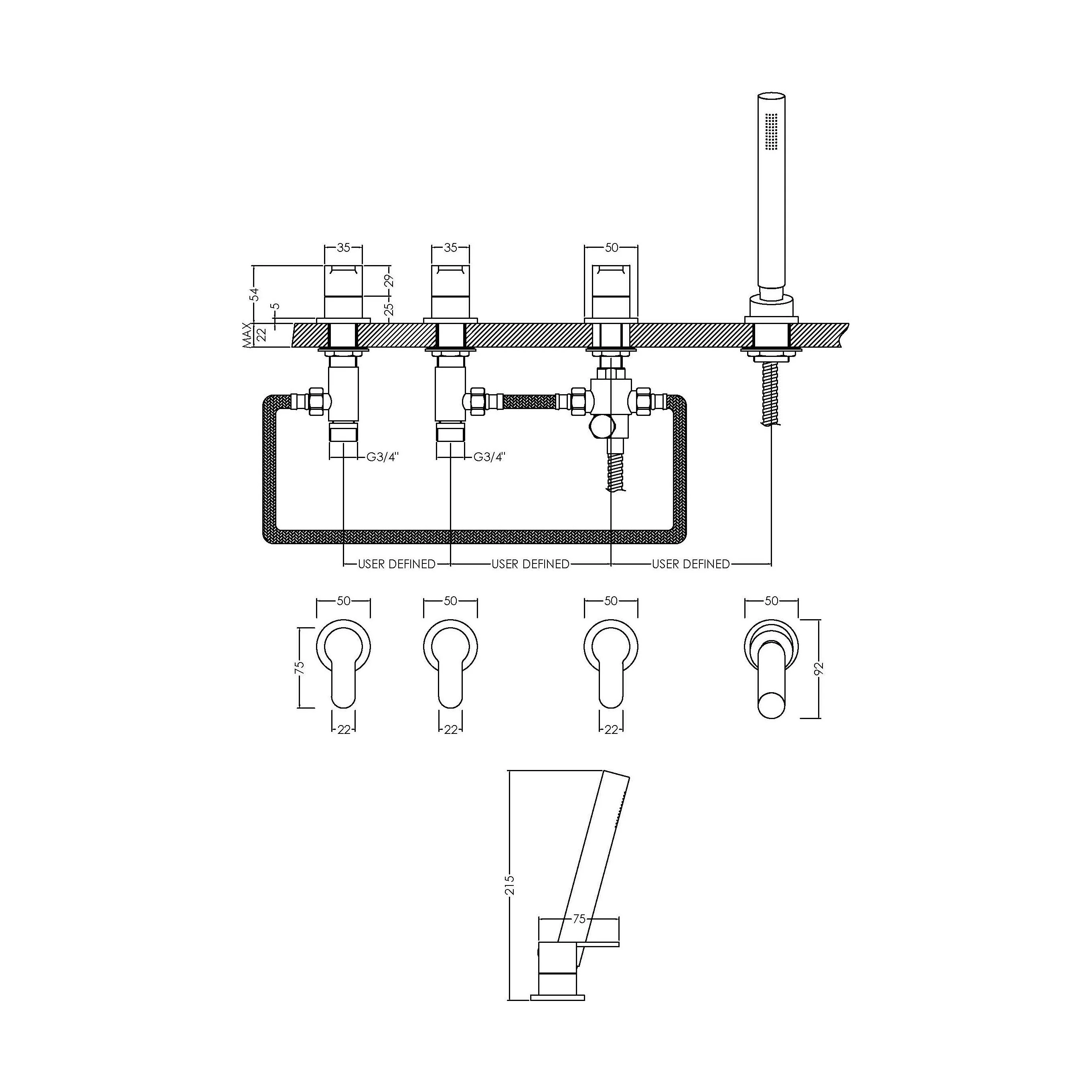 Balterley Pride Contemporary Deck Mount Round 4 Tap Hole Bath Shower Mixer Tap with Kit (No Spout) - Chrome - Image 5
