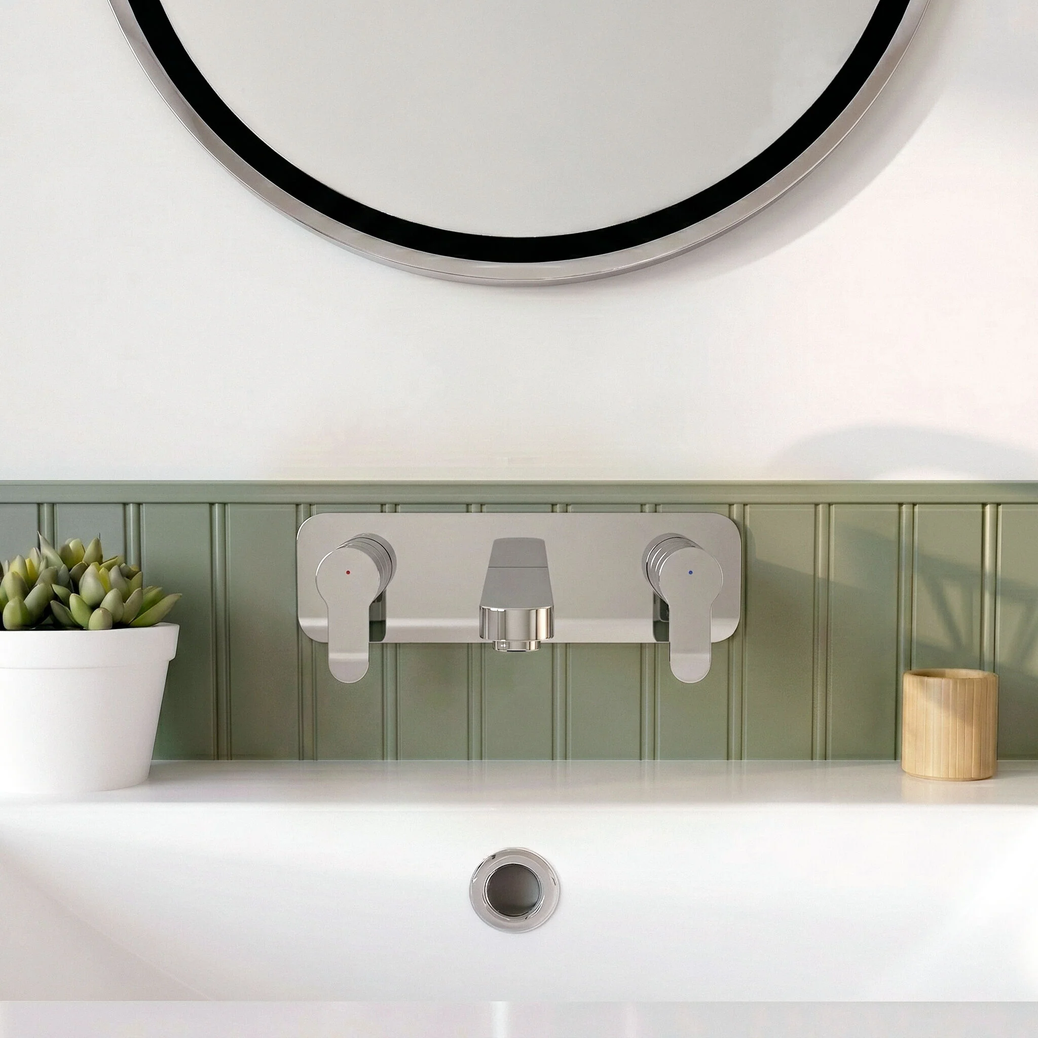 Balterley Pride Contemporary Round Wall Mount 3 Tap Hole Basin Mixer Tap & Back Plate - Chrome