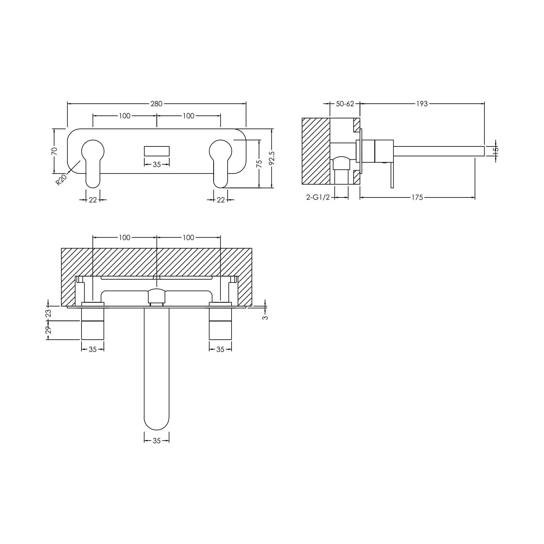 Balterley Pride Contemporary Round Wall Mount 3 Tap Hole Basin Mixer Tap & Back Plate - Chrome - Image 6