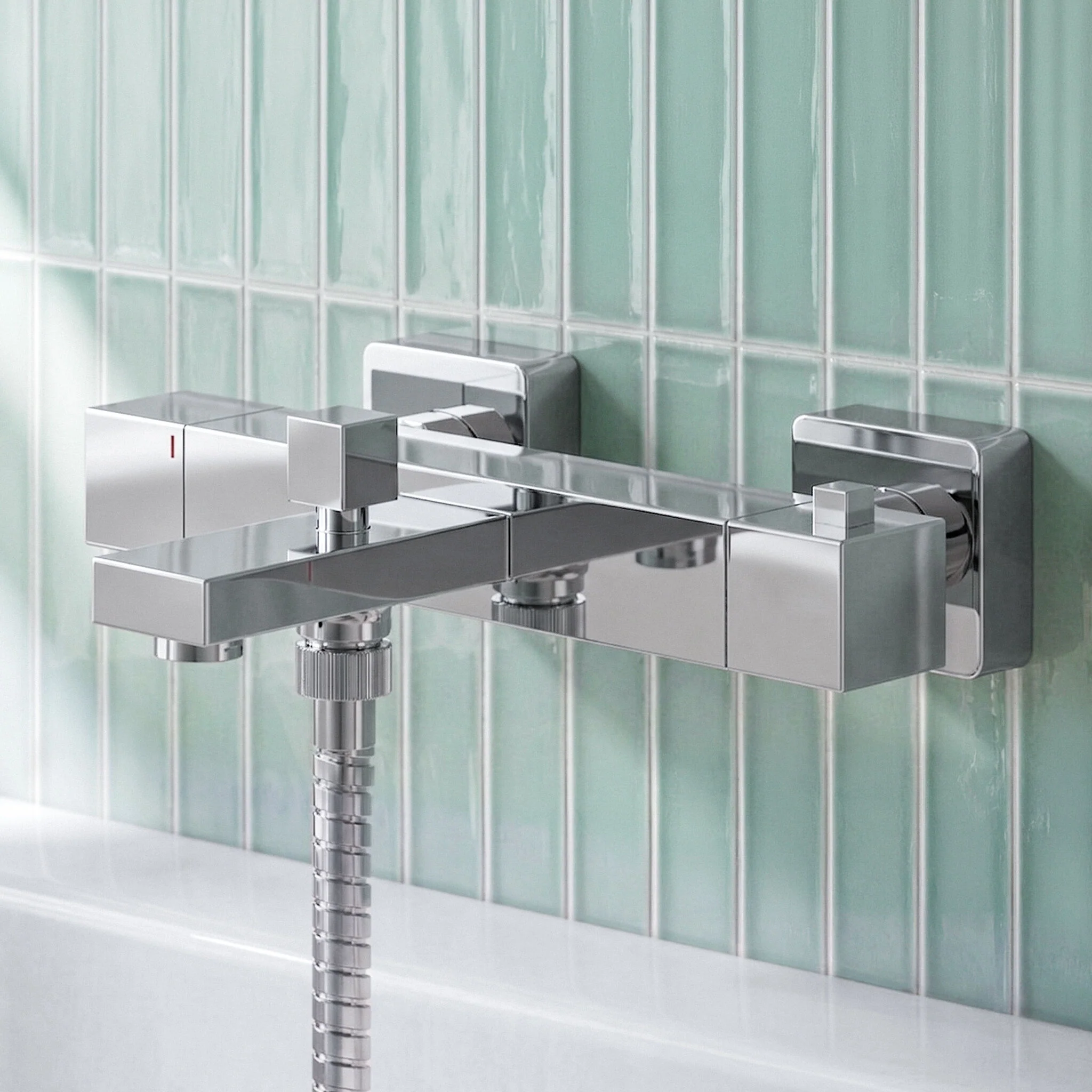 Square Wall Mount Thermostatic Bath Shower Mixer Bar Valve Tap - Chrome