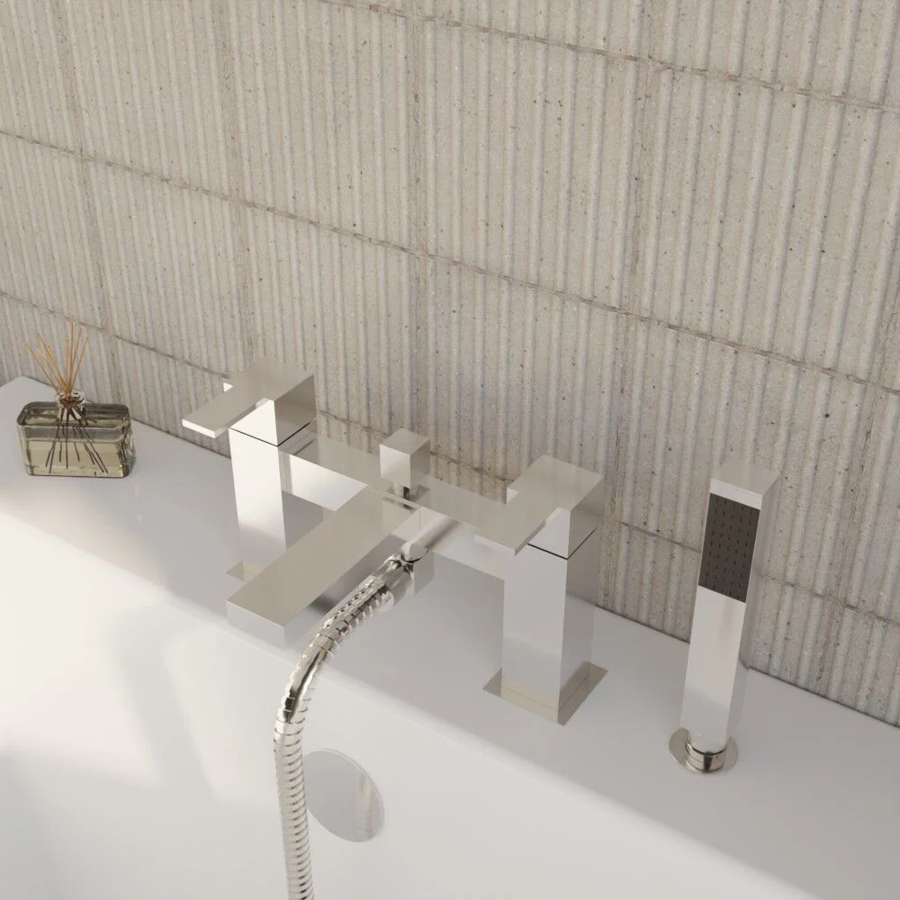 Square Deck Mount Bath Shower Mixer Tap with Shower Kit - Chrome - Image 3