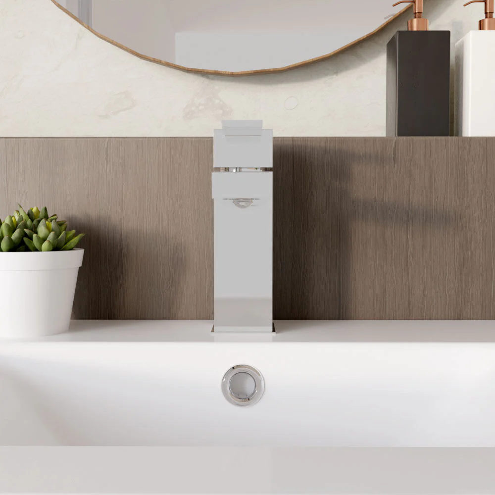 Square Mono Basin Mixer Tap & Push Button Waste - Chrome - Image 2