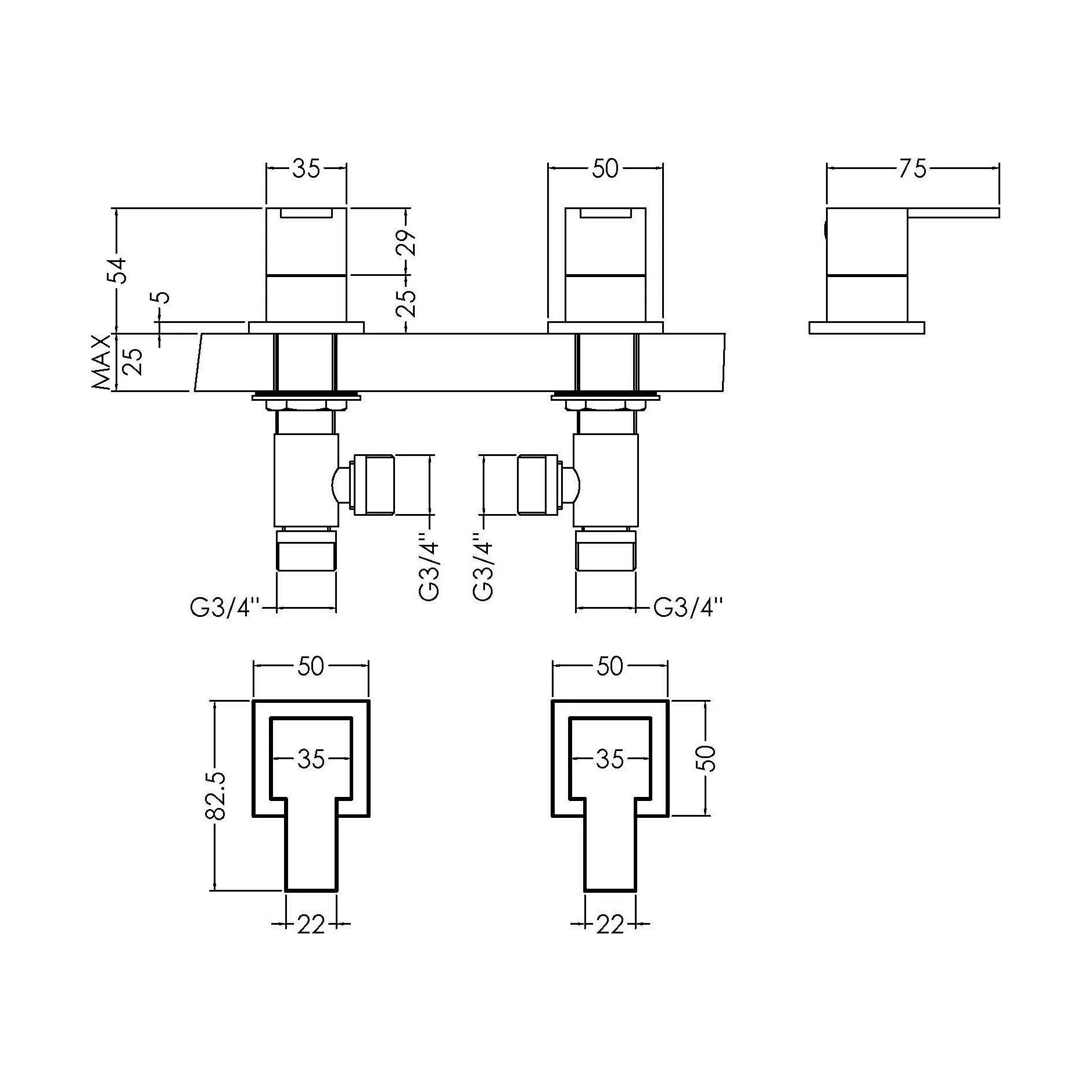 Contemporary Square Deck Mounted 3/4" Chrome Side Valves - Chrome - Image 5